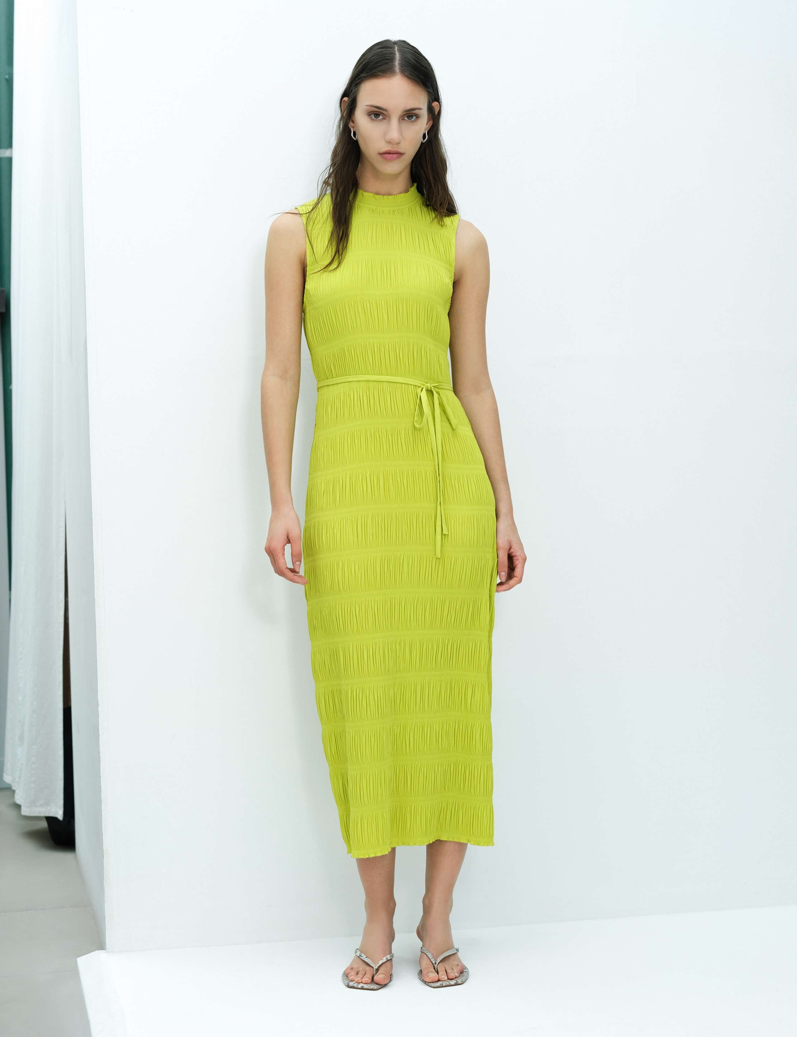 Plisse High Neck Tie Waist Midi Bodycon Dress
