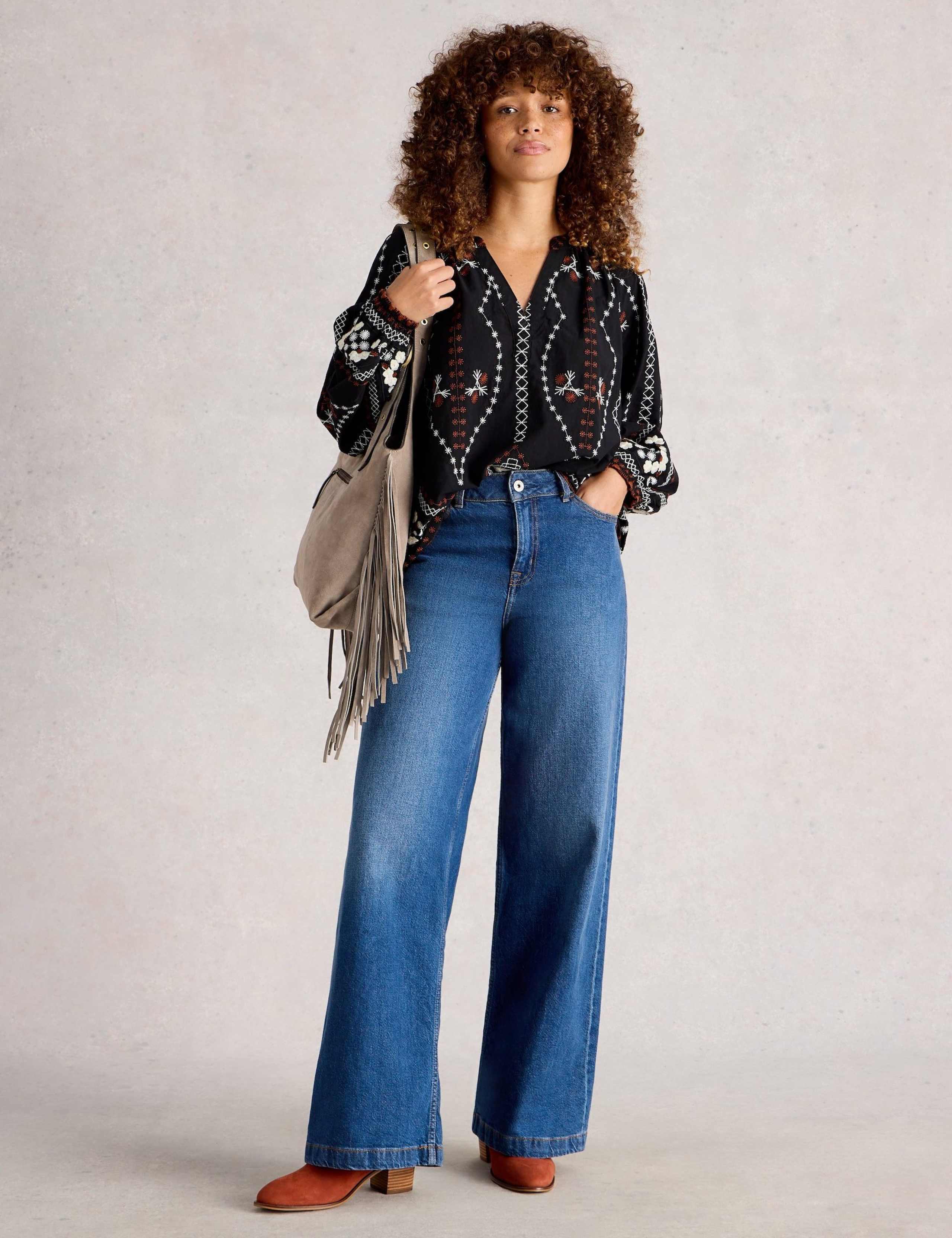 Pure Cotton Embroidered Notch Neck Blouse