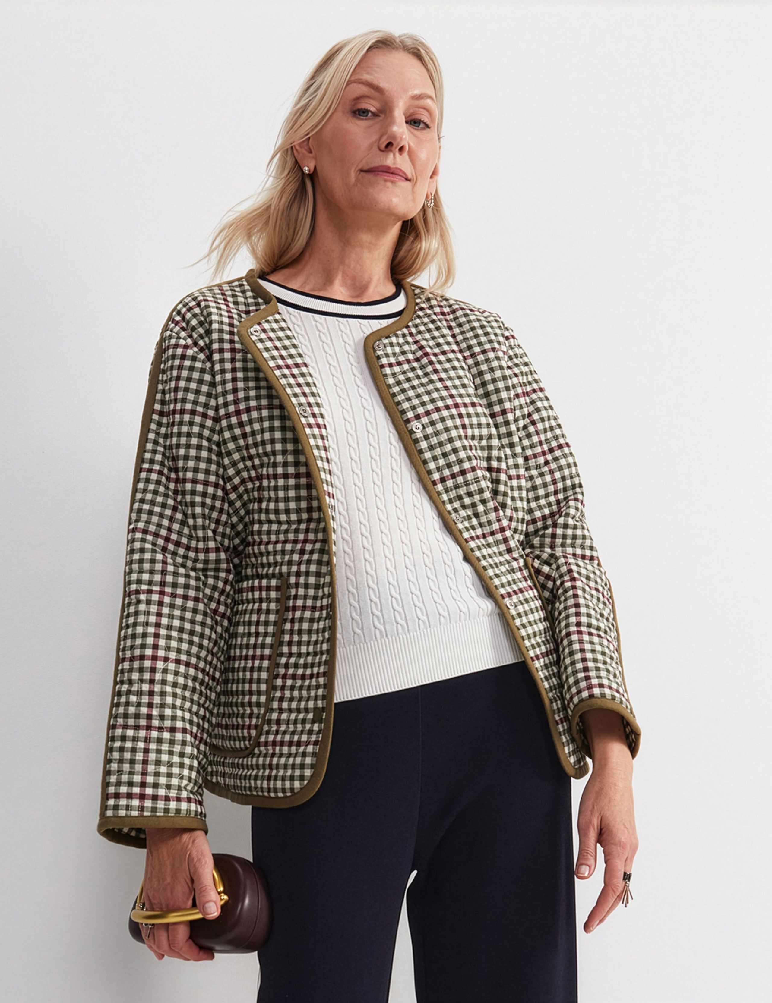 Pure Cotton Checked Quilted Relaxed Jacket
