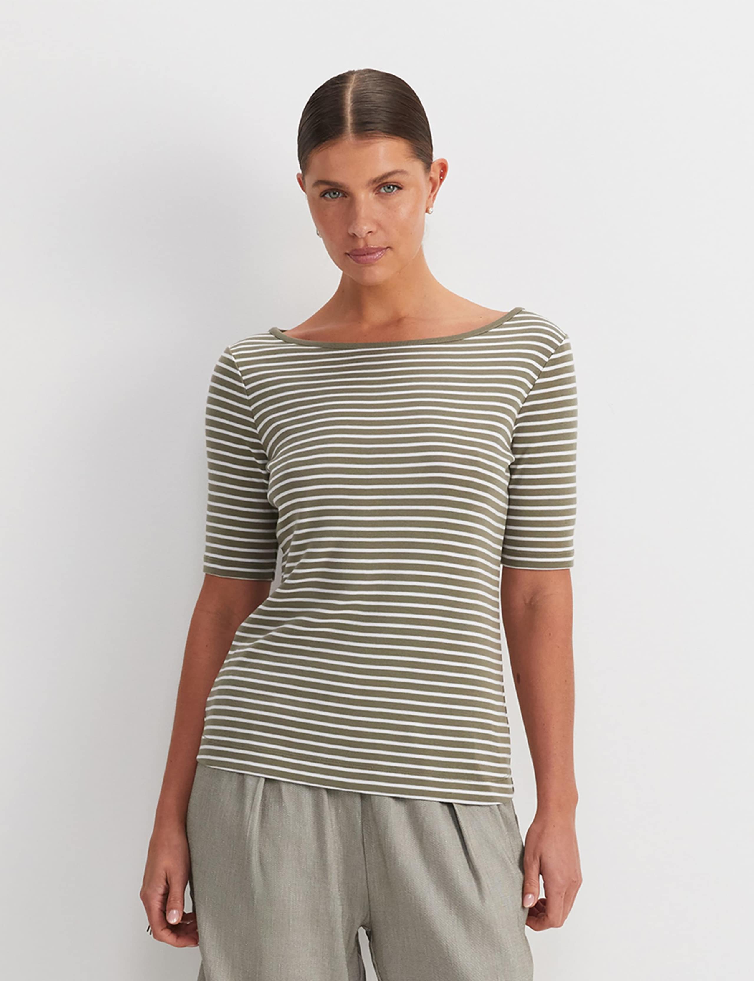 Pure Cotton Striped Slash Neck T-Shirt