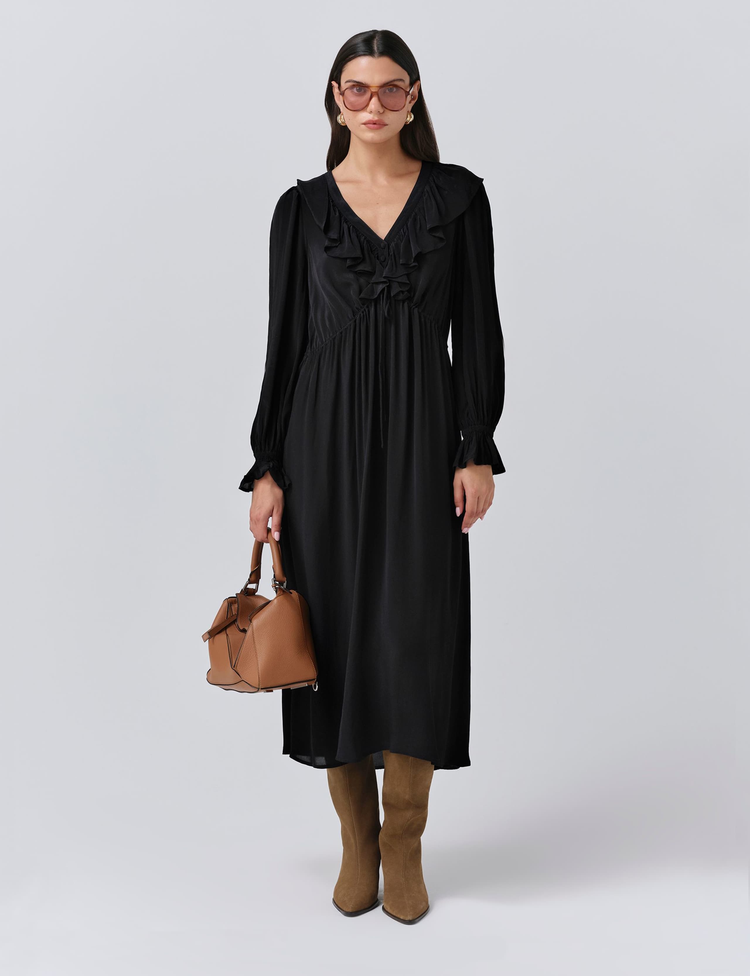 Crepe V-Neck Tie Waist Midi Dress