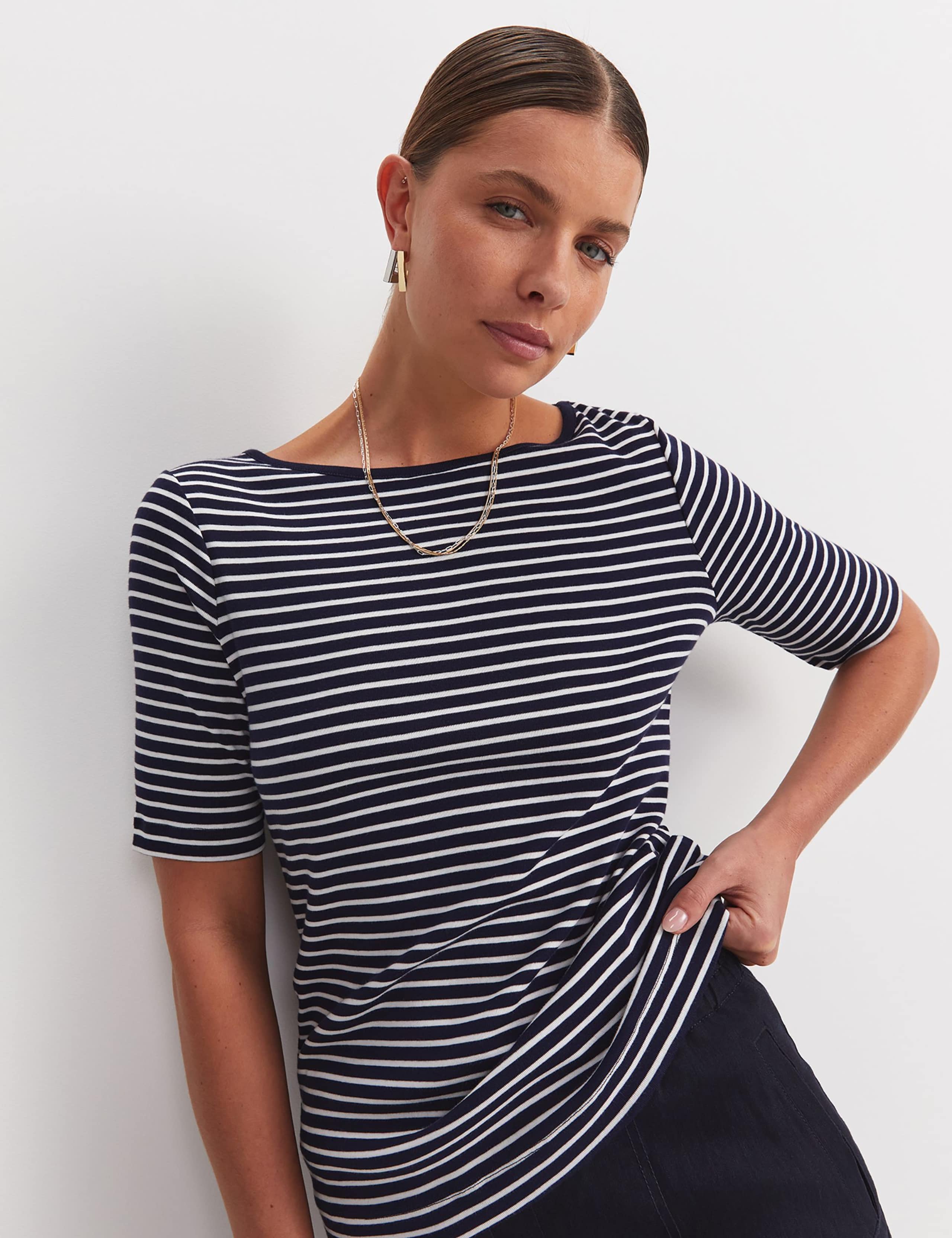 Pure Cotton Striped Slash Neck T-Shirt
