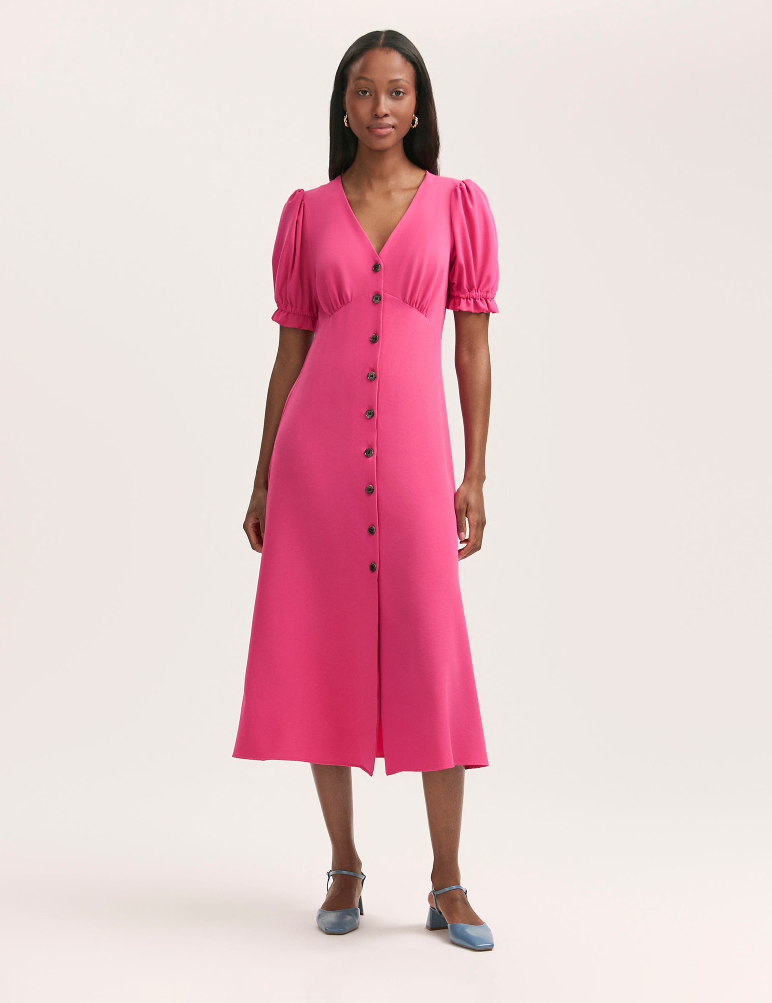 Crepe V-Neck Button Through Midi Tea Dress
