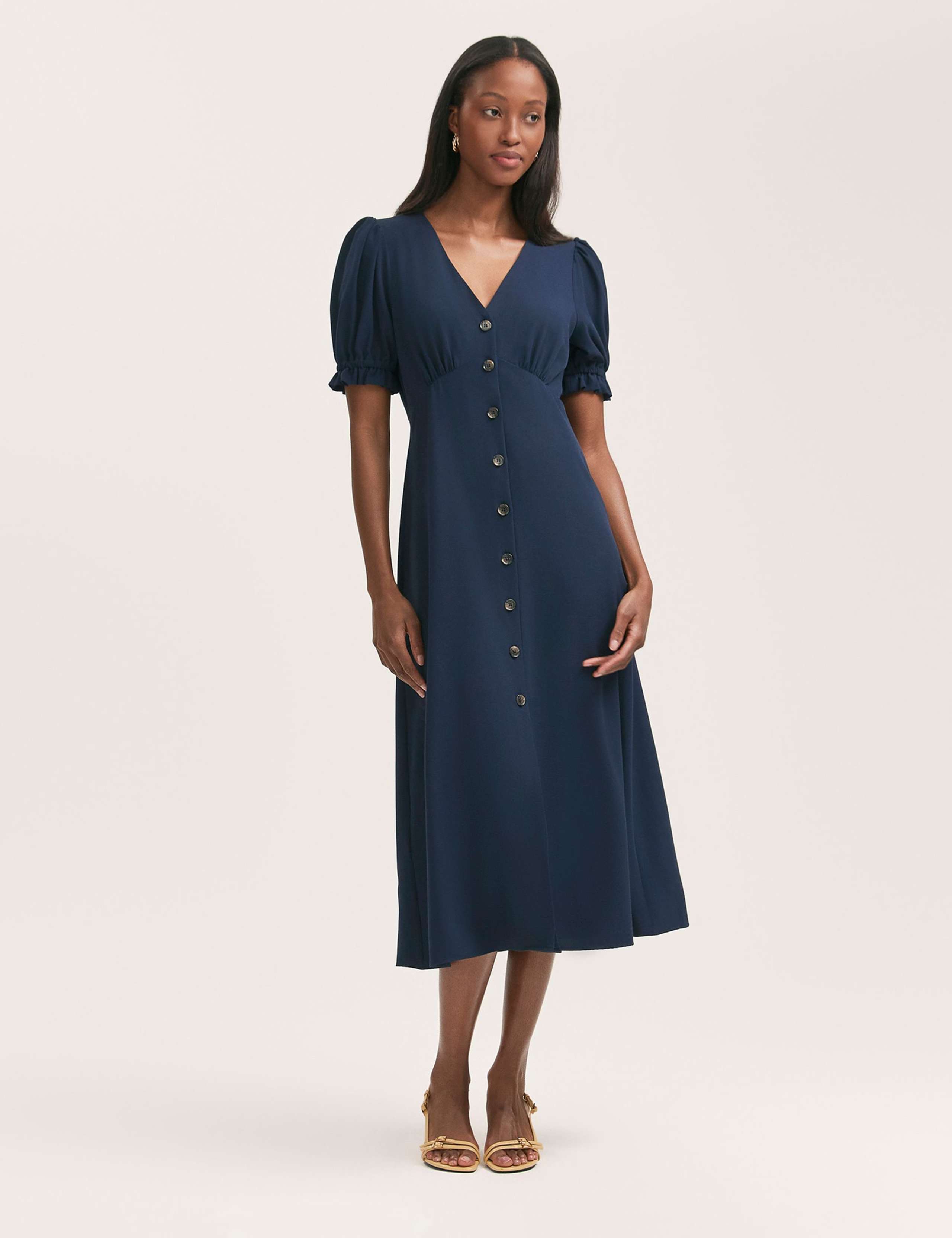 Crepe V-Neck Button Through Midi Tea Dress
