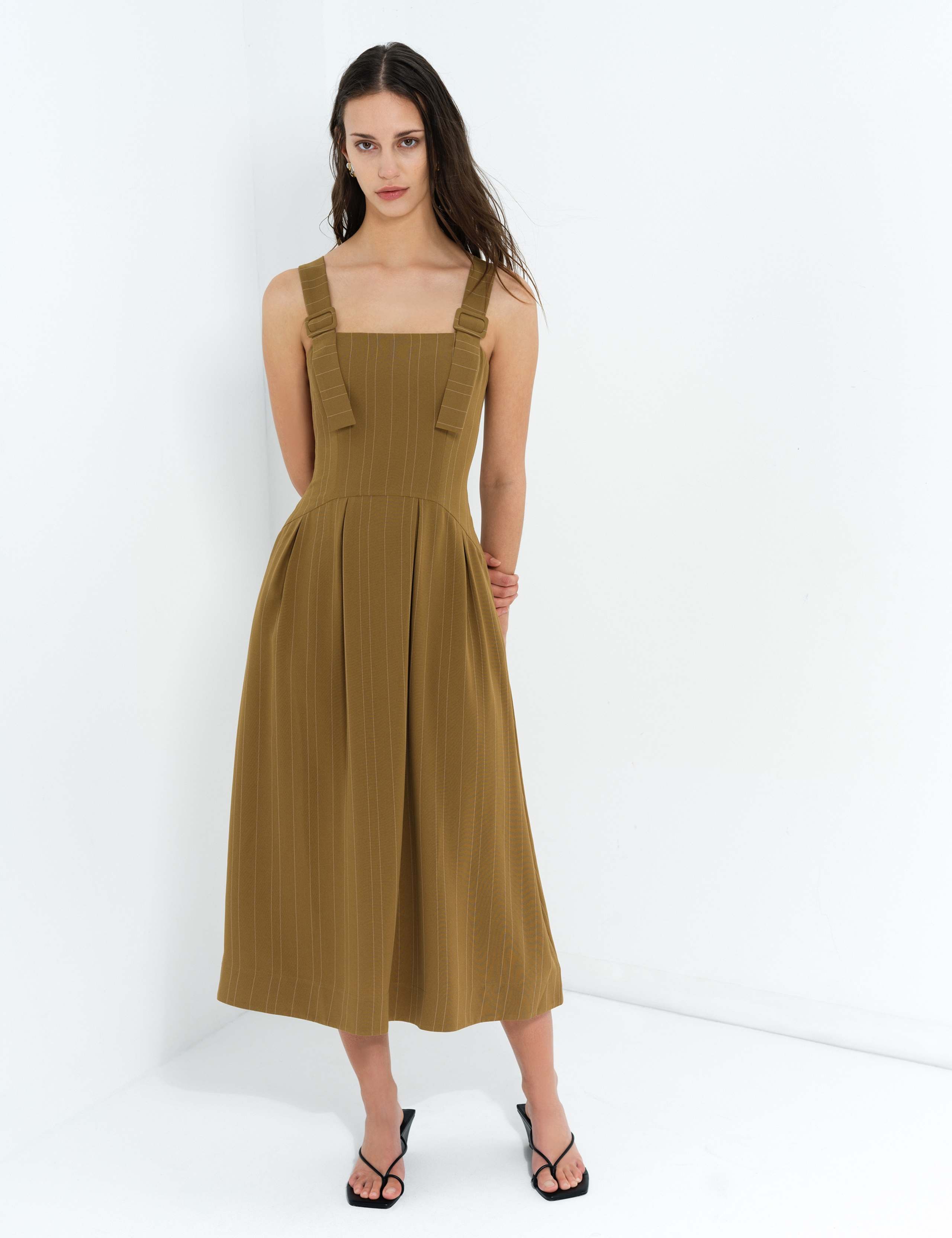 Pinstripe Square Neck Maxi Waisted Dress