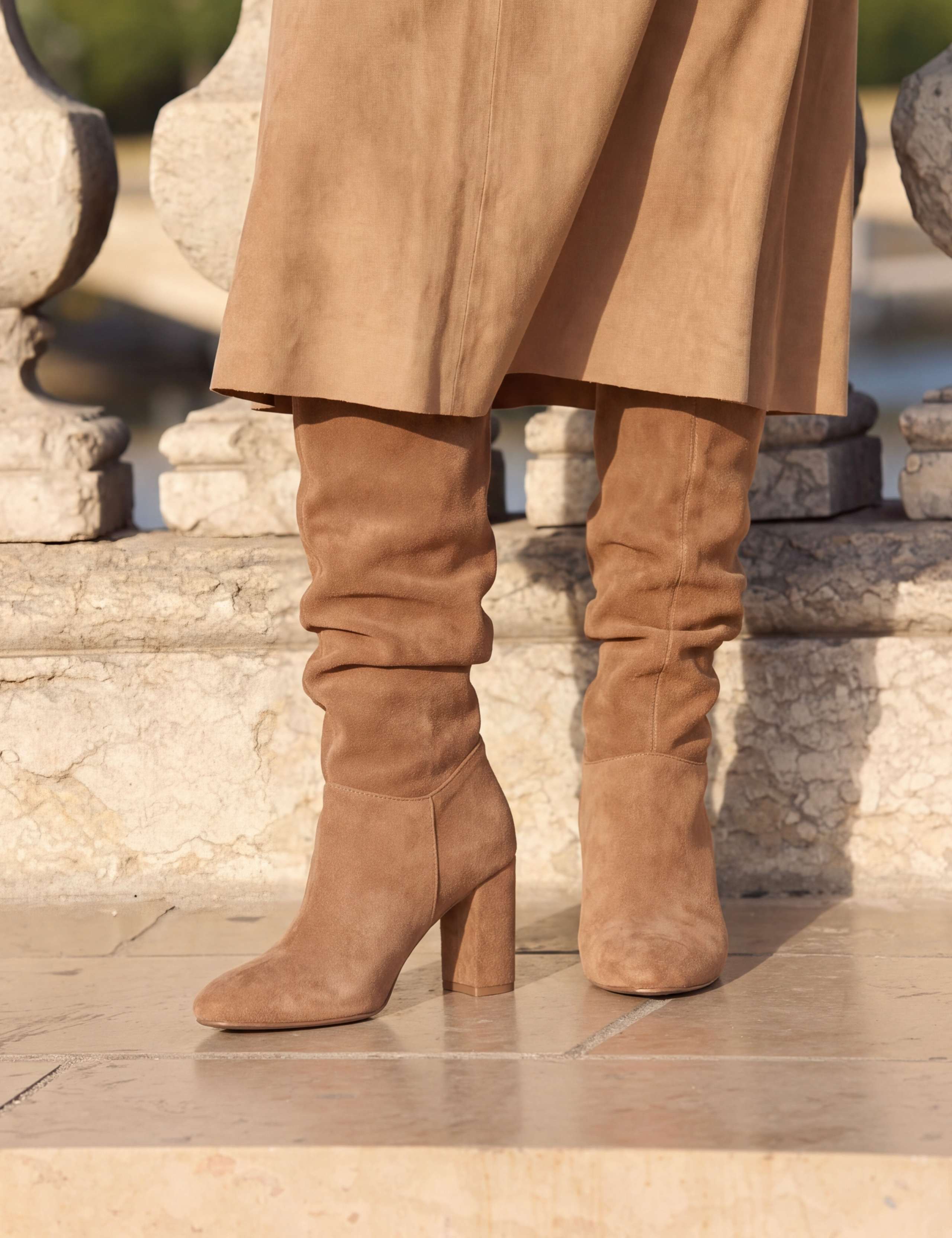 Suede Ruched Block Heel Knee High Boots
