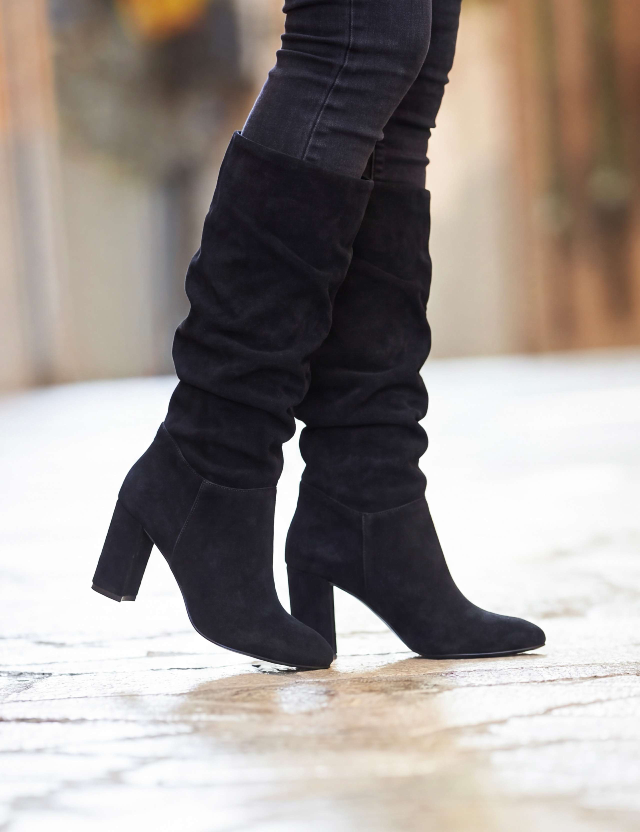 Suede Ruched Block Heel Knee High Boots