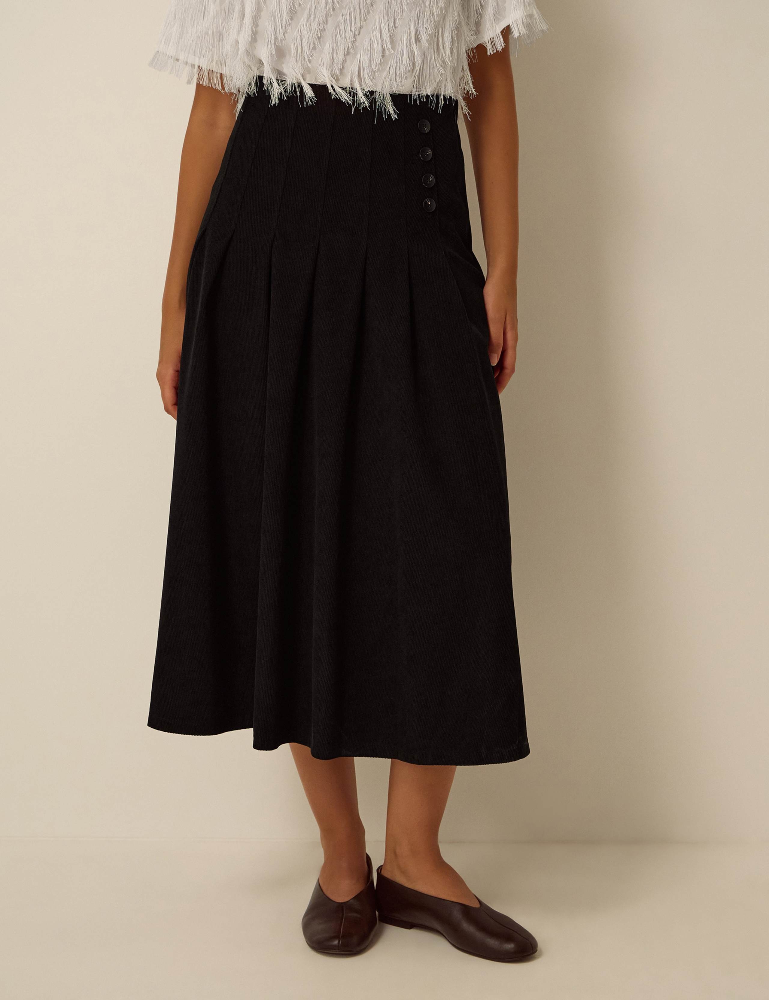 Cord Button Front A Line Midi Skirt