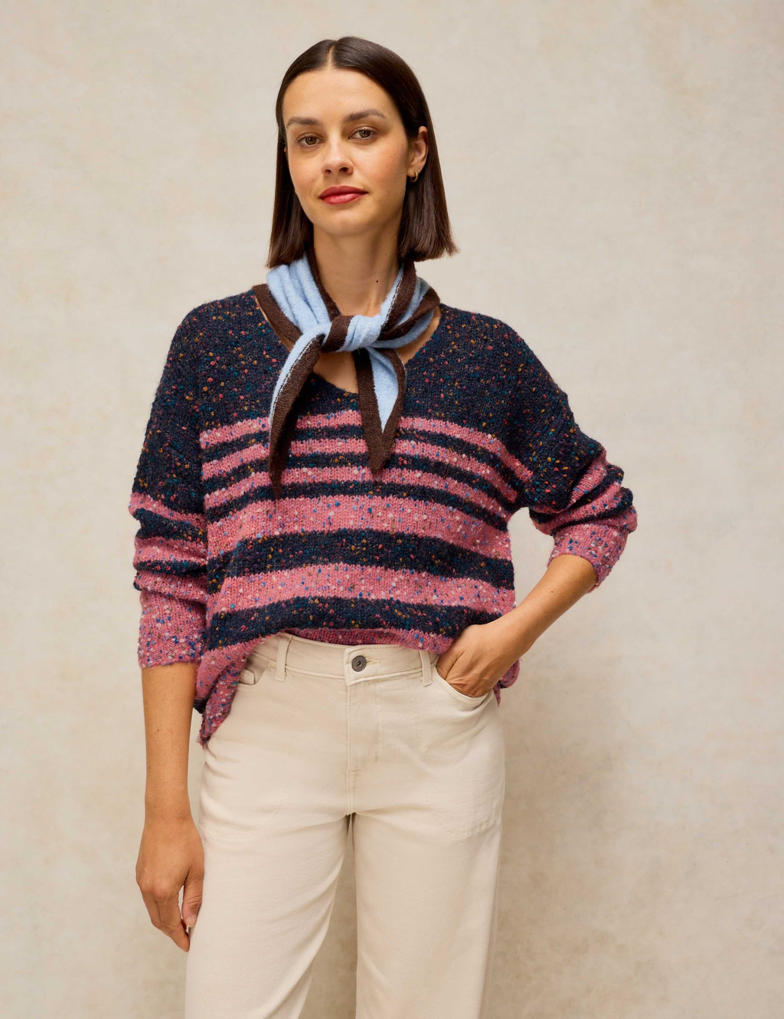 Textured Striped V-Neck Jumper with Wool