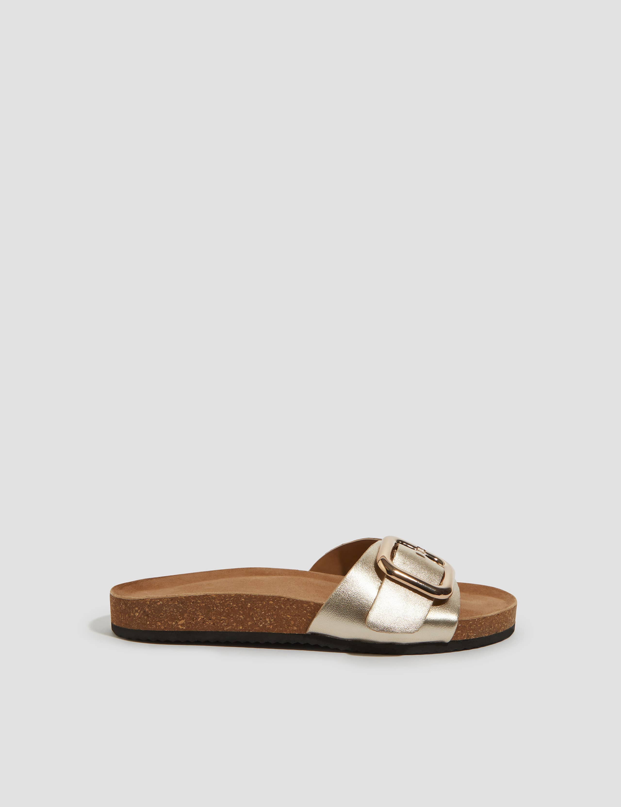 Leather Metallic Buckle Flat Sliders