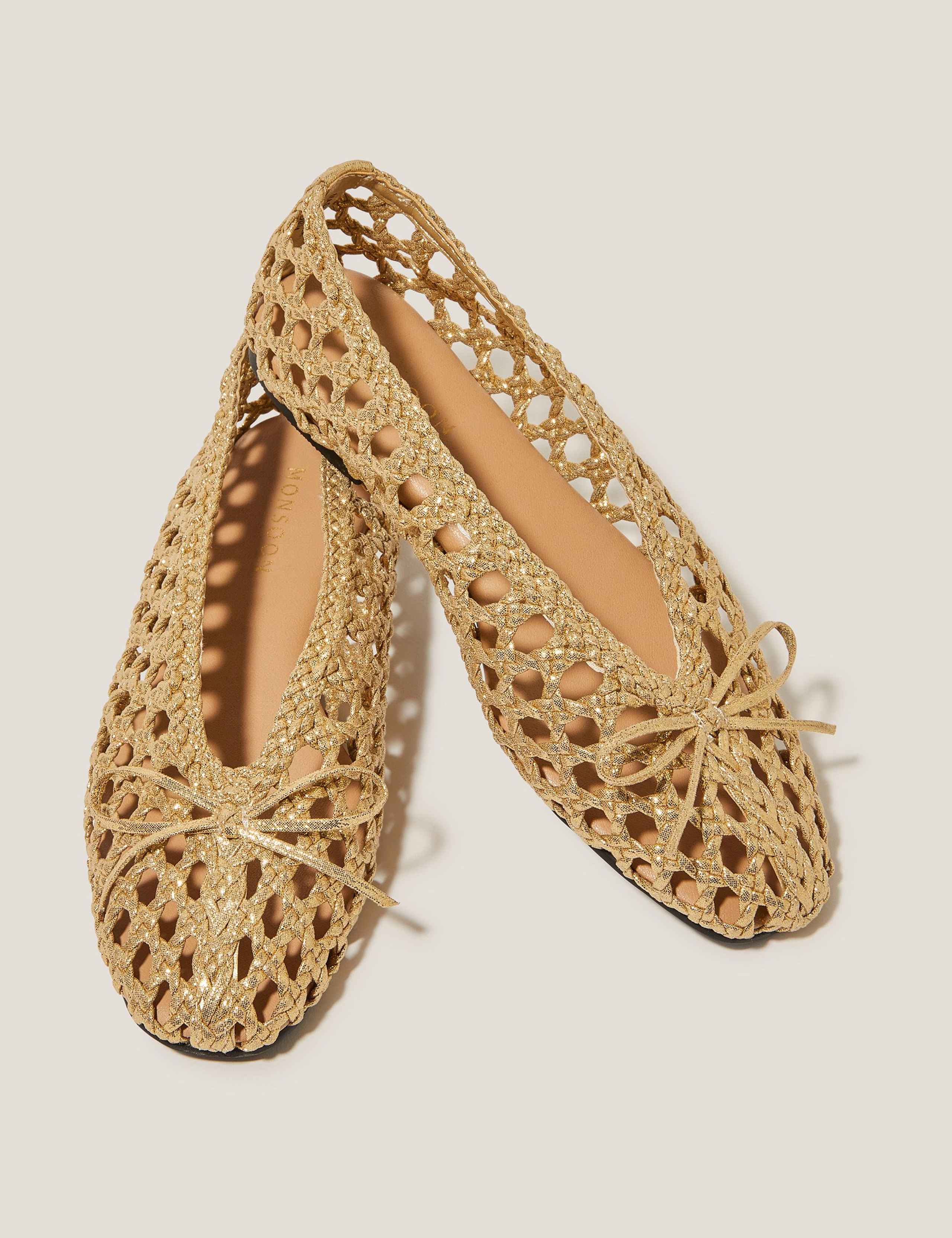 Metallic Woven Bow Flat Ballet Pumps