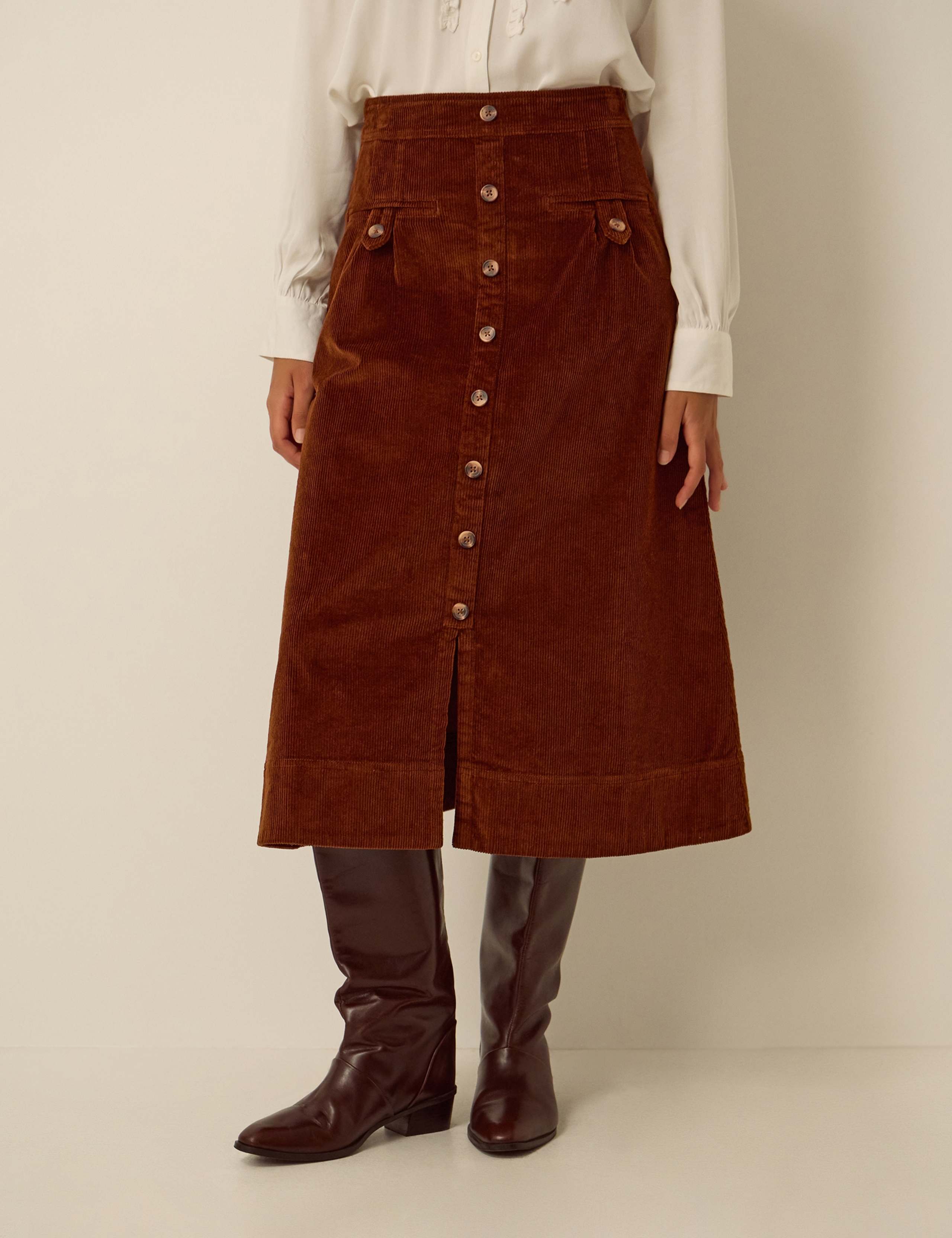 Cord Button Front A Line Midi Skirt