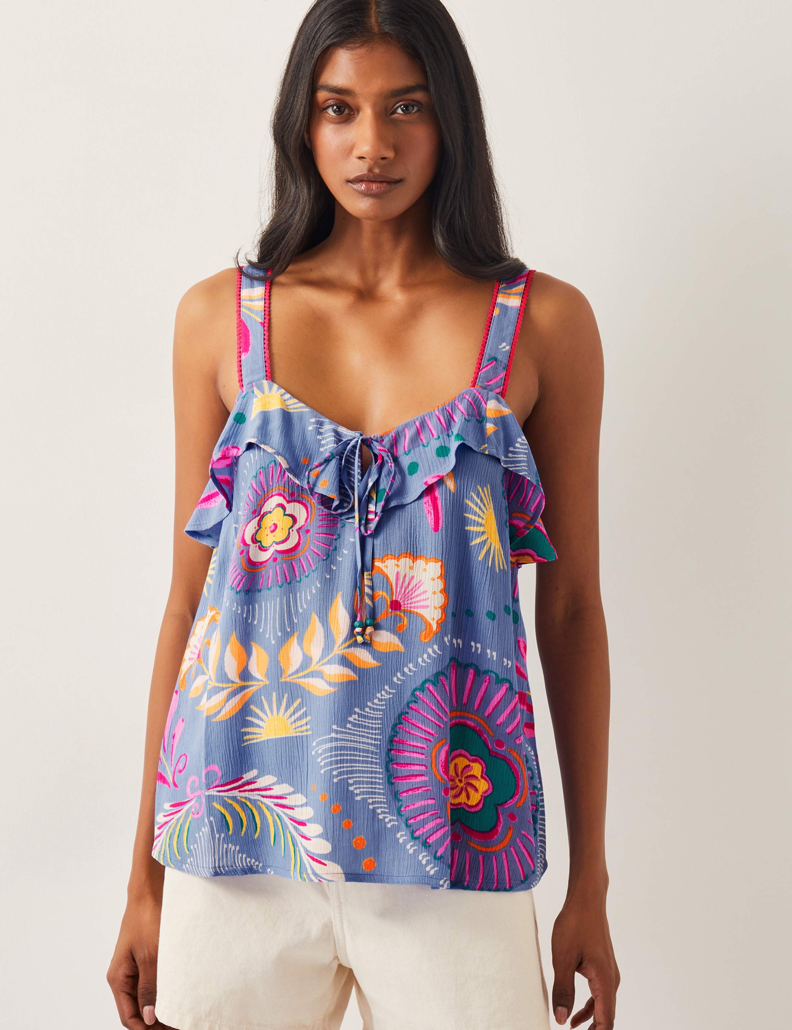 Floral Print Tie Front Frill Detail Cami Top