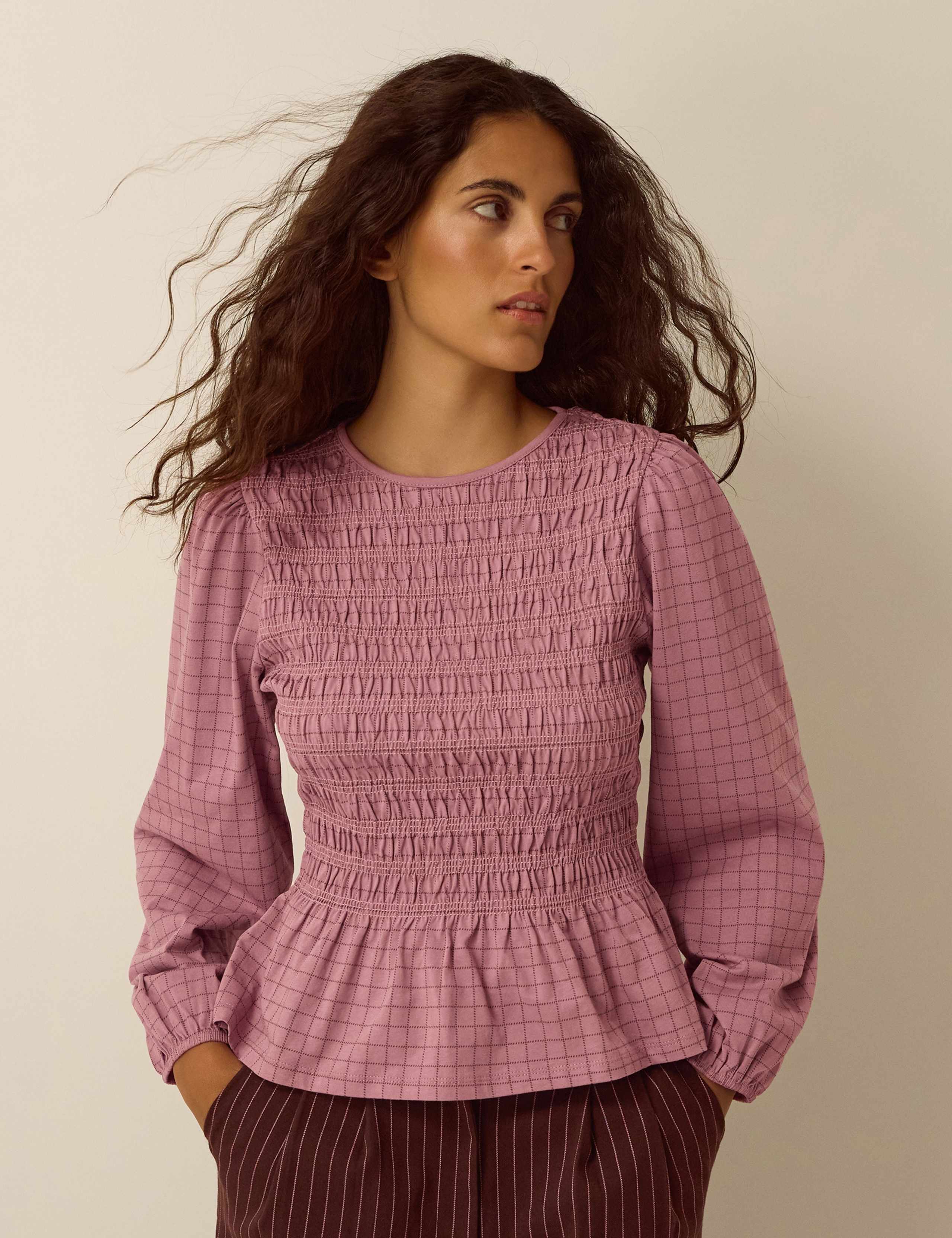 Pure Cotton Checked Shirred Peplum Blouse