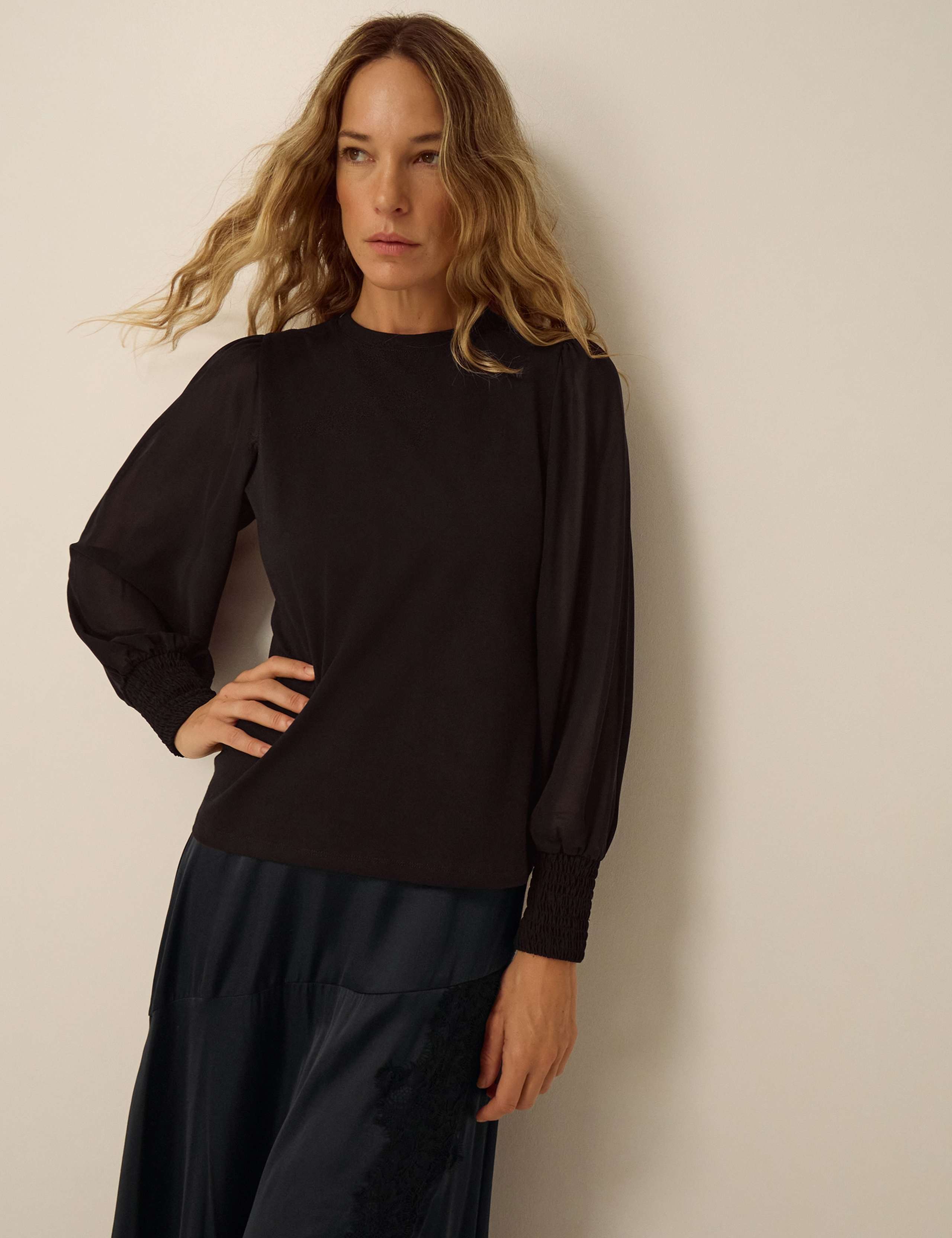 Cotton Rich Crew Neck Blouson Sleeve Blouse