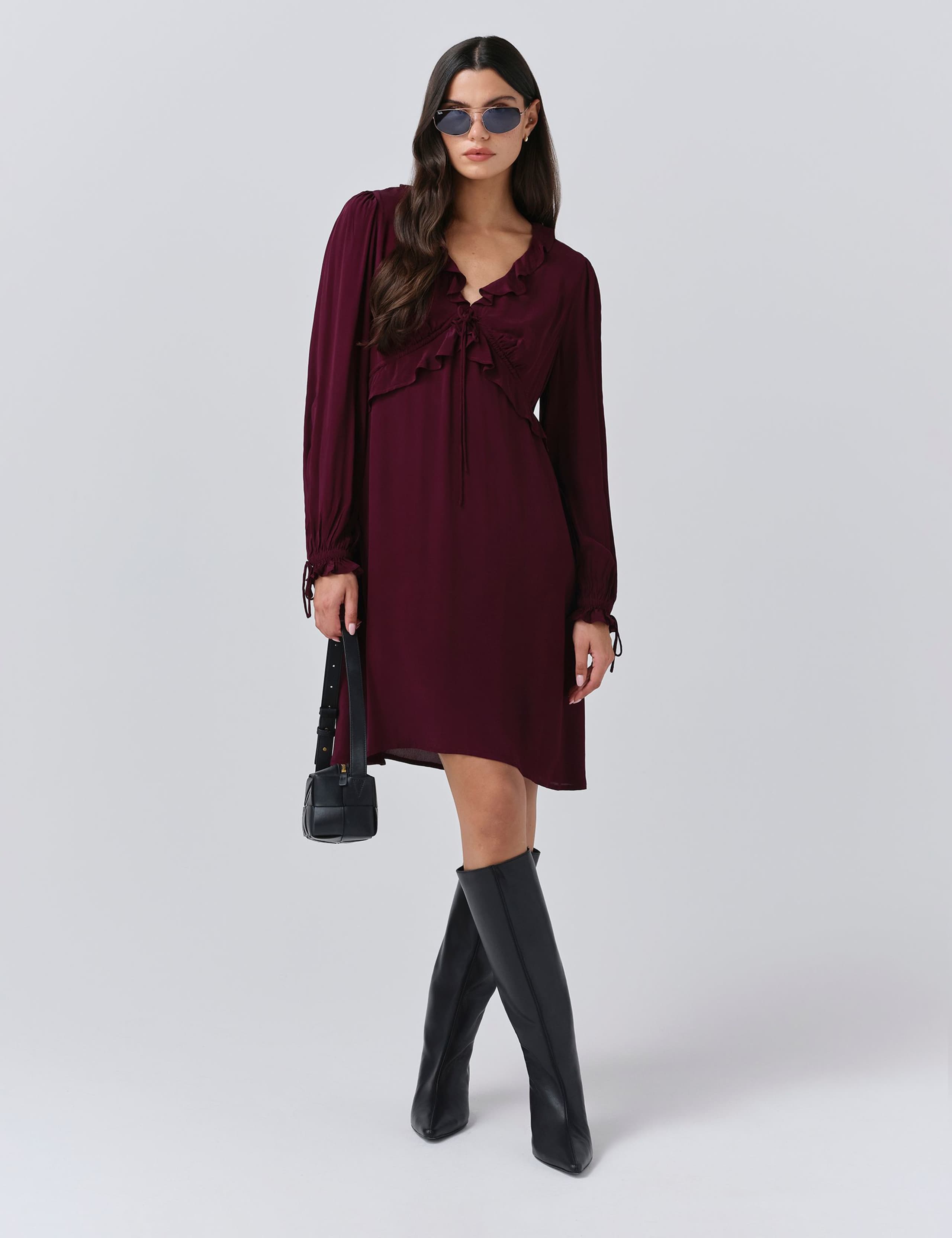 Crepe V-Neck Frill Detail Mini Dress