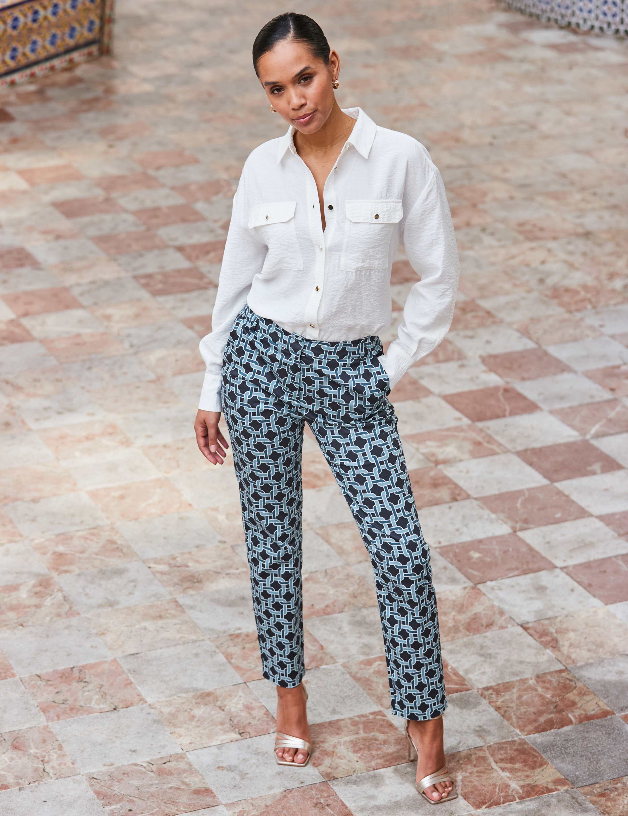 Cotton Rich Geometric Tapered Trousers