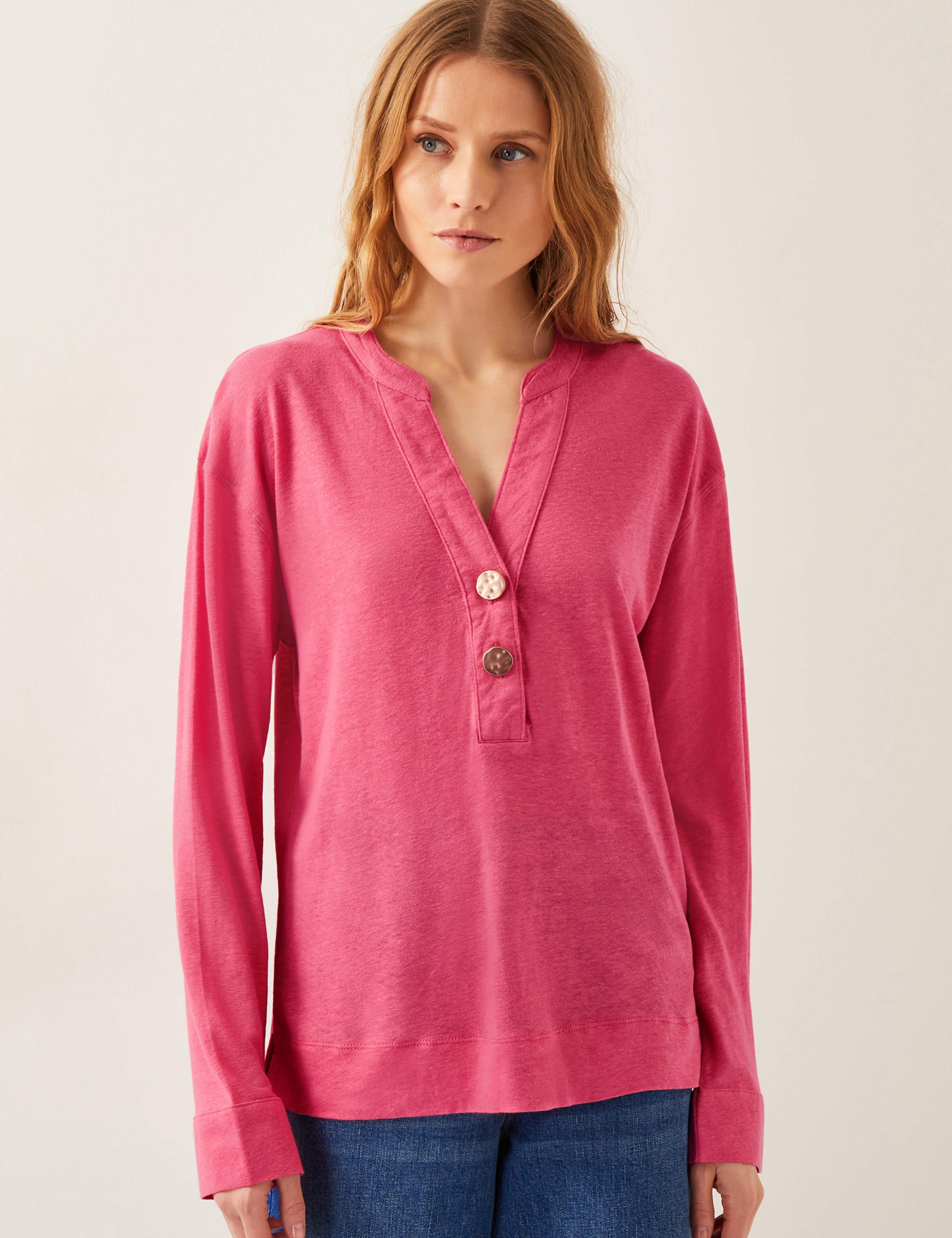 Linen Rich Button Detail Top