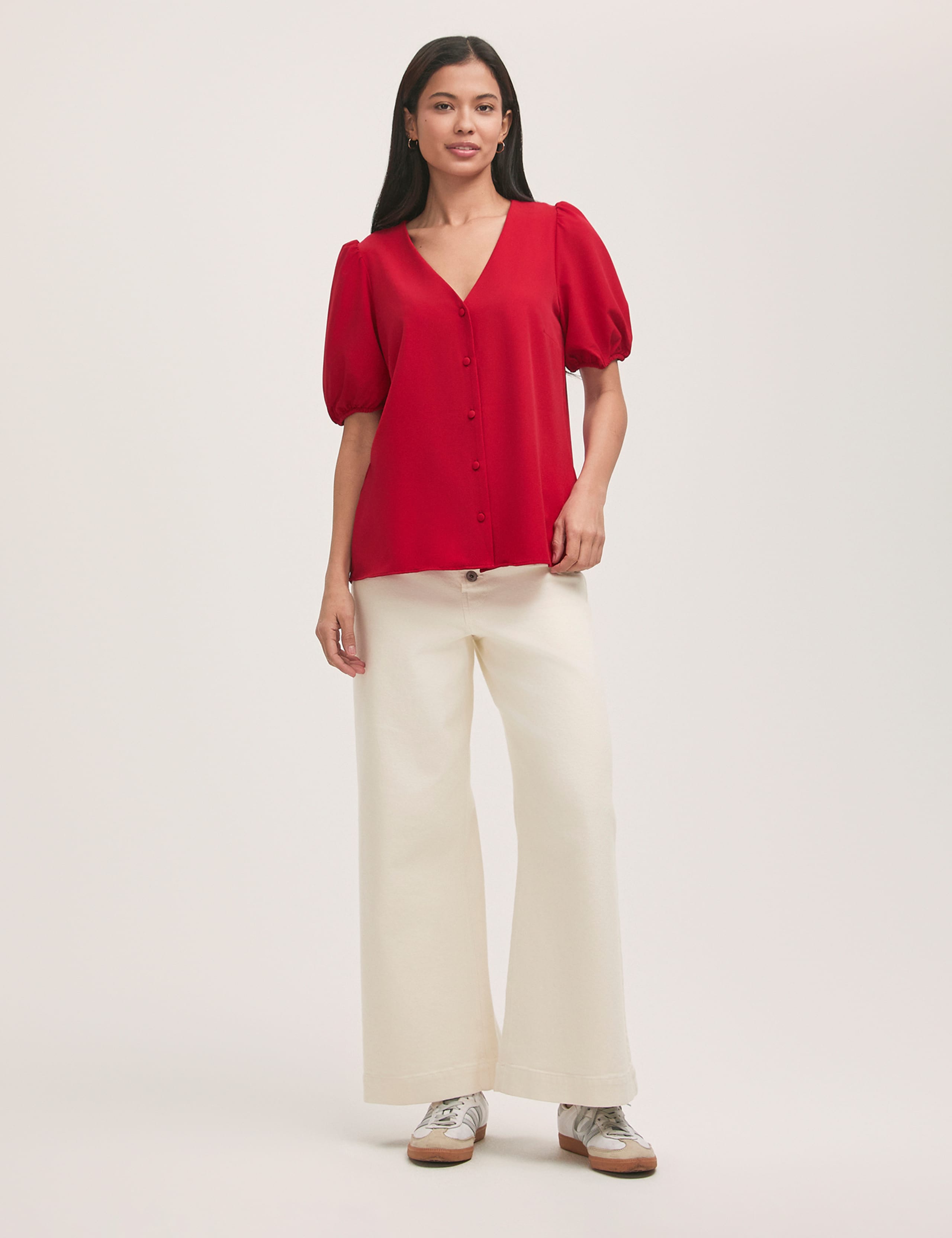 Crepe V-Neck Puff Sleeve Blouse