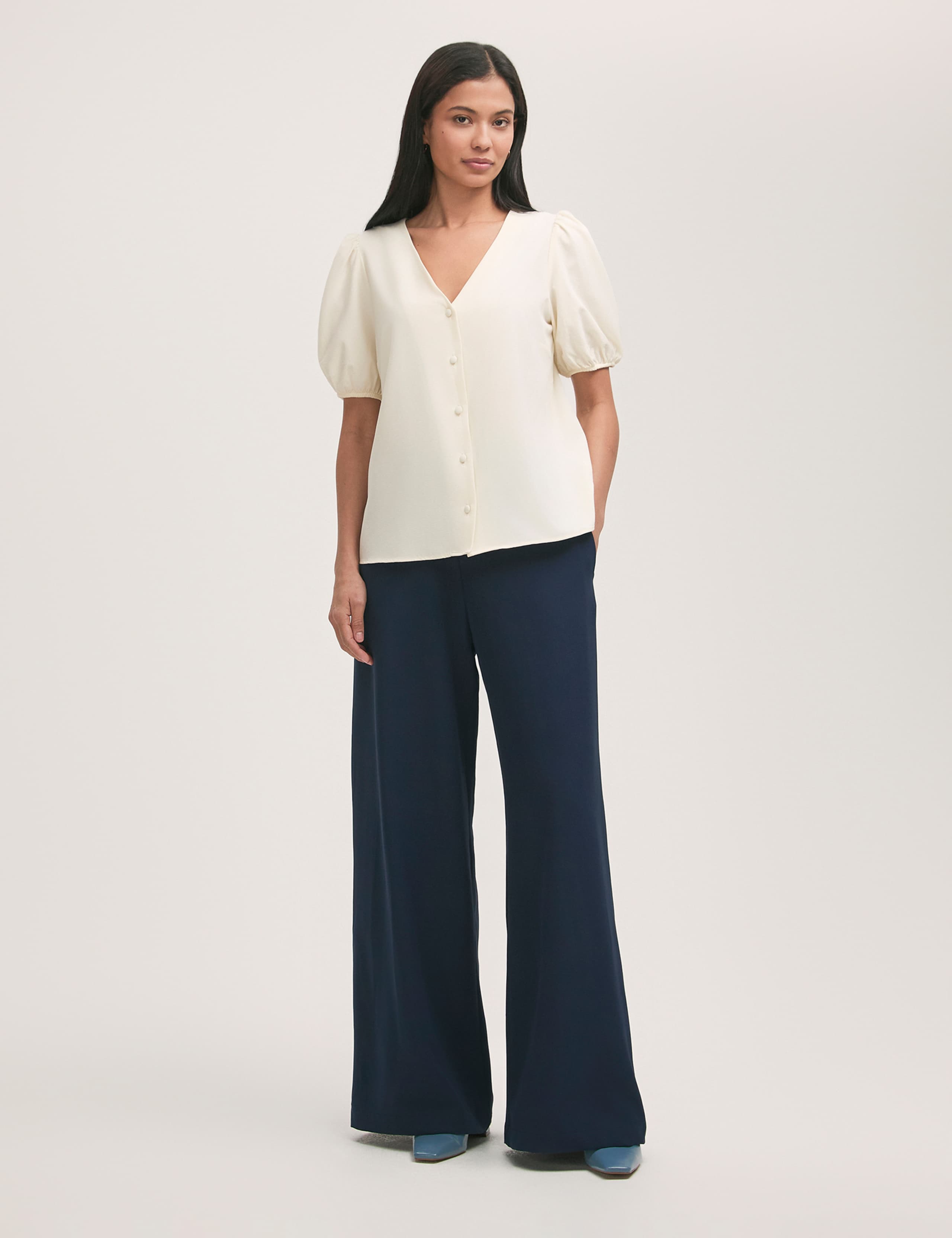 Crepe V-Neck Puff Sleeve Blouse
