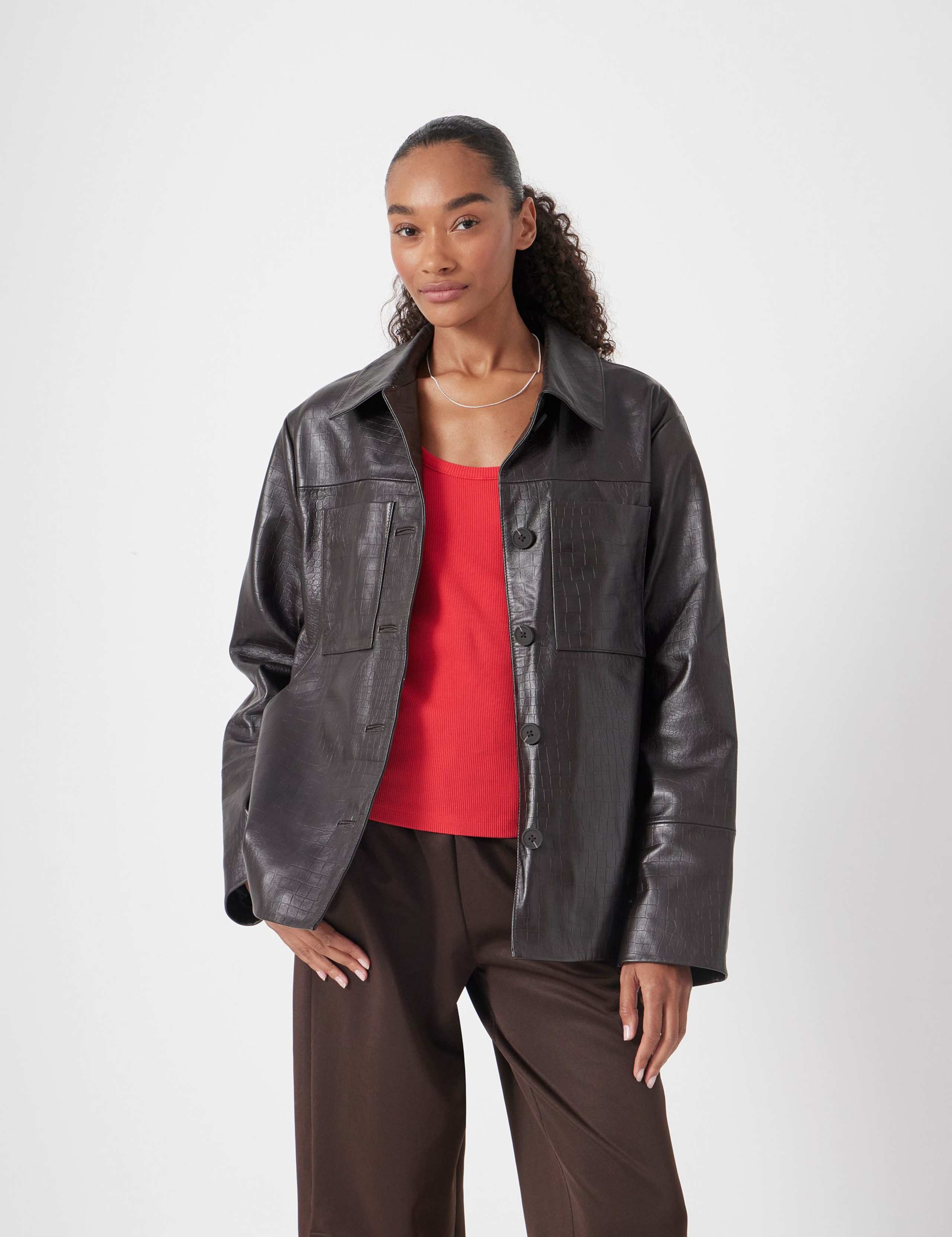 Faux Leather Collared Jacket