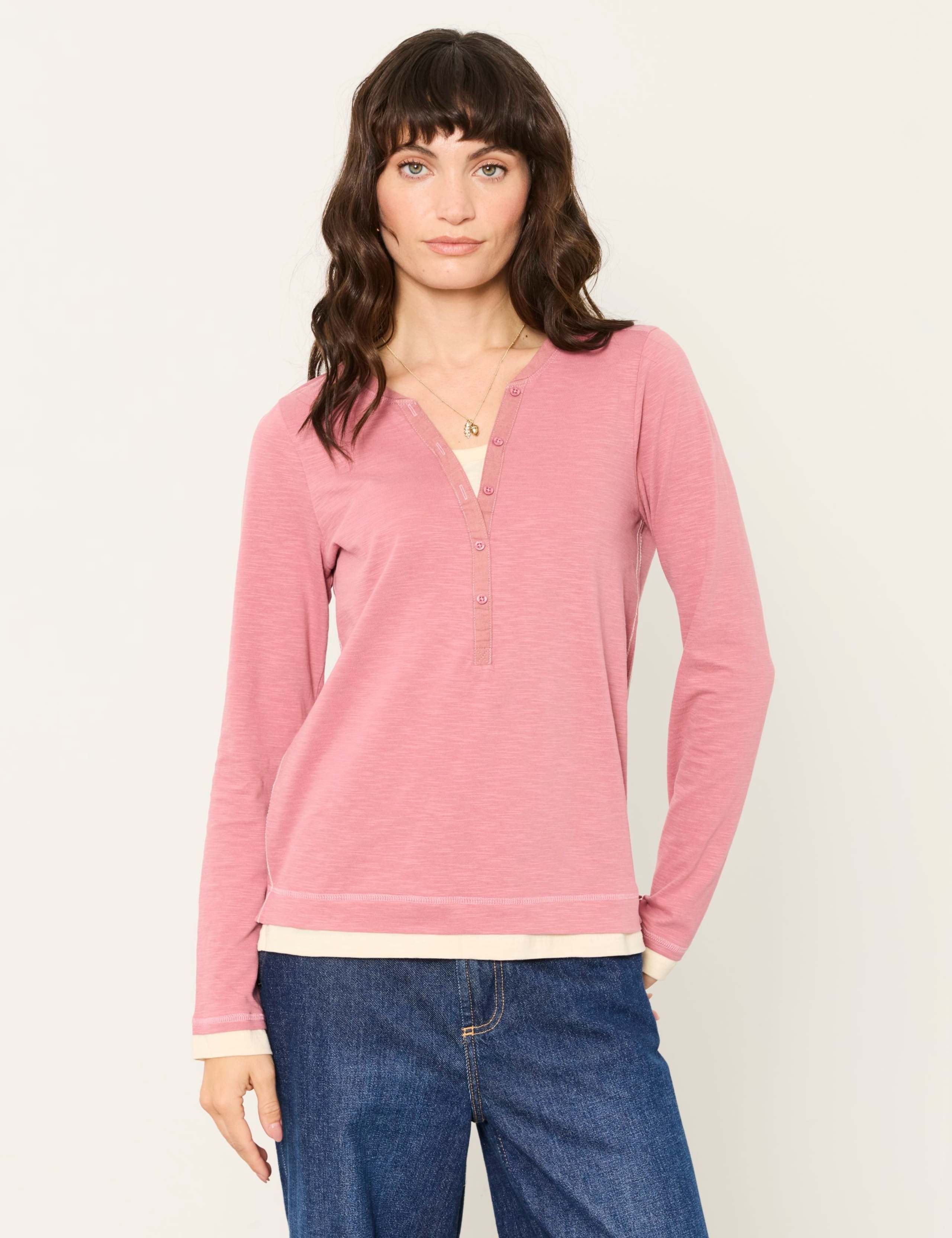 Pure Cotton V-Neck Button Detail Henley Top