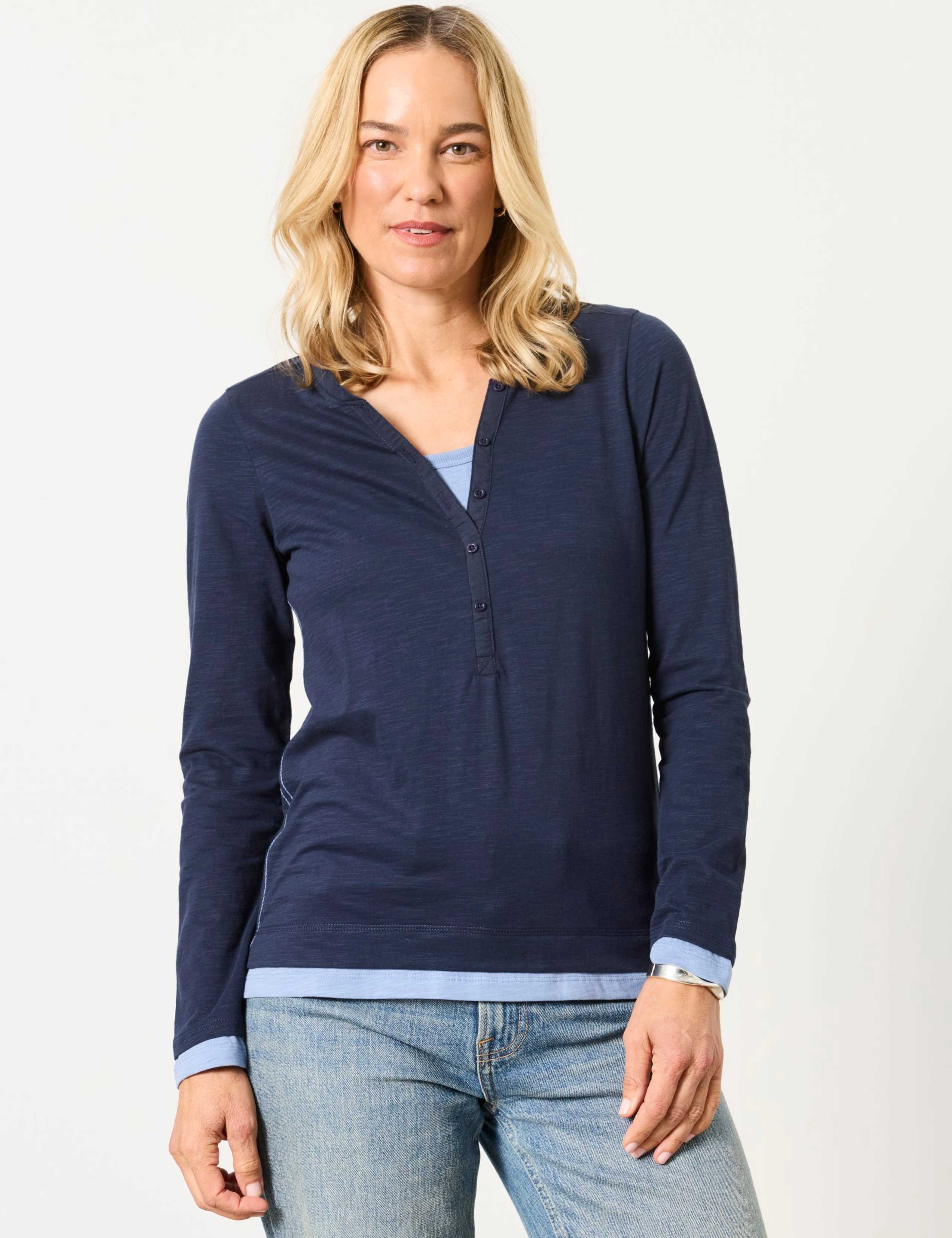 Pure Cotton V-Neck Button Detail Henley Top