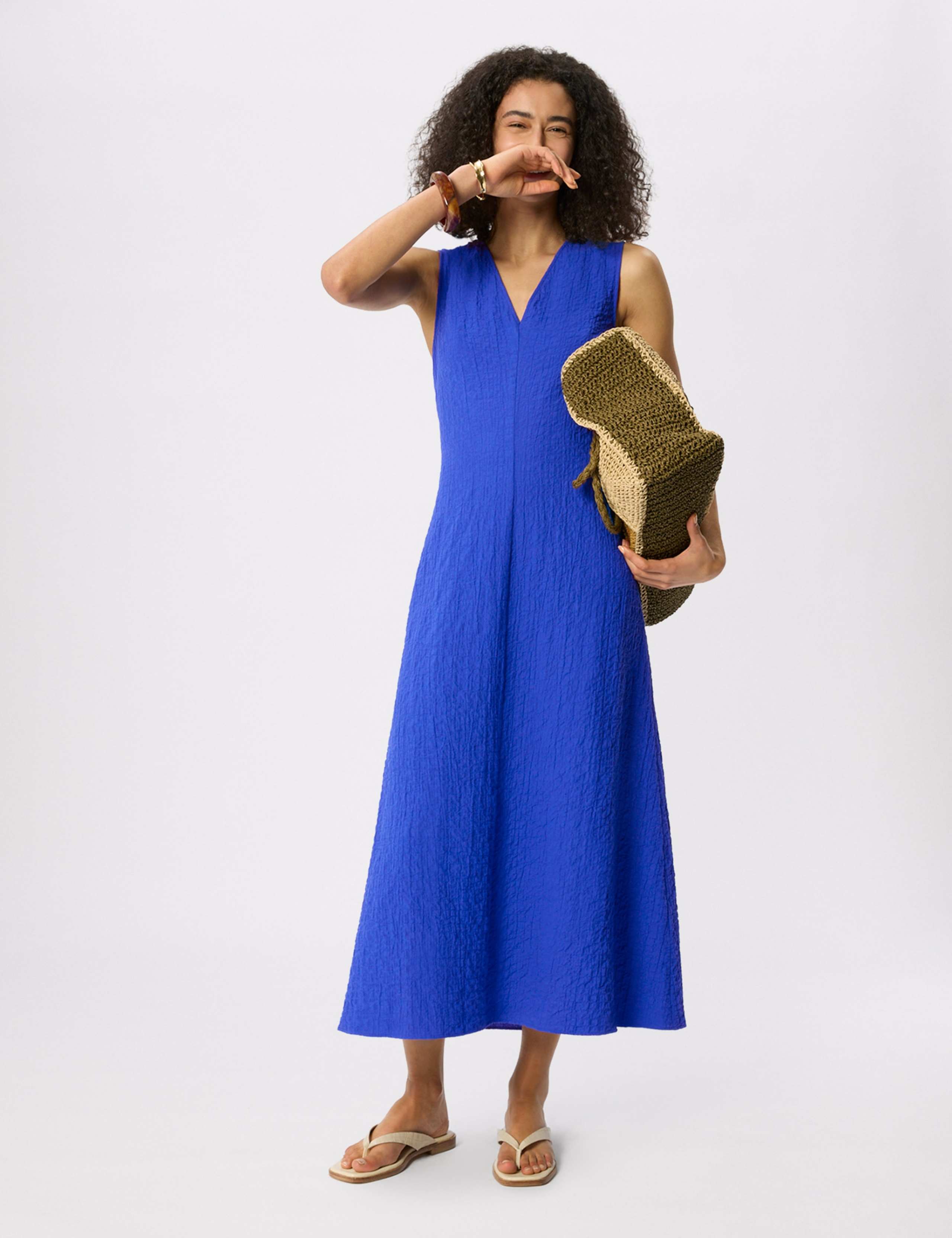 Cotton Rich Textured V-Neck Midi Dress