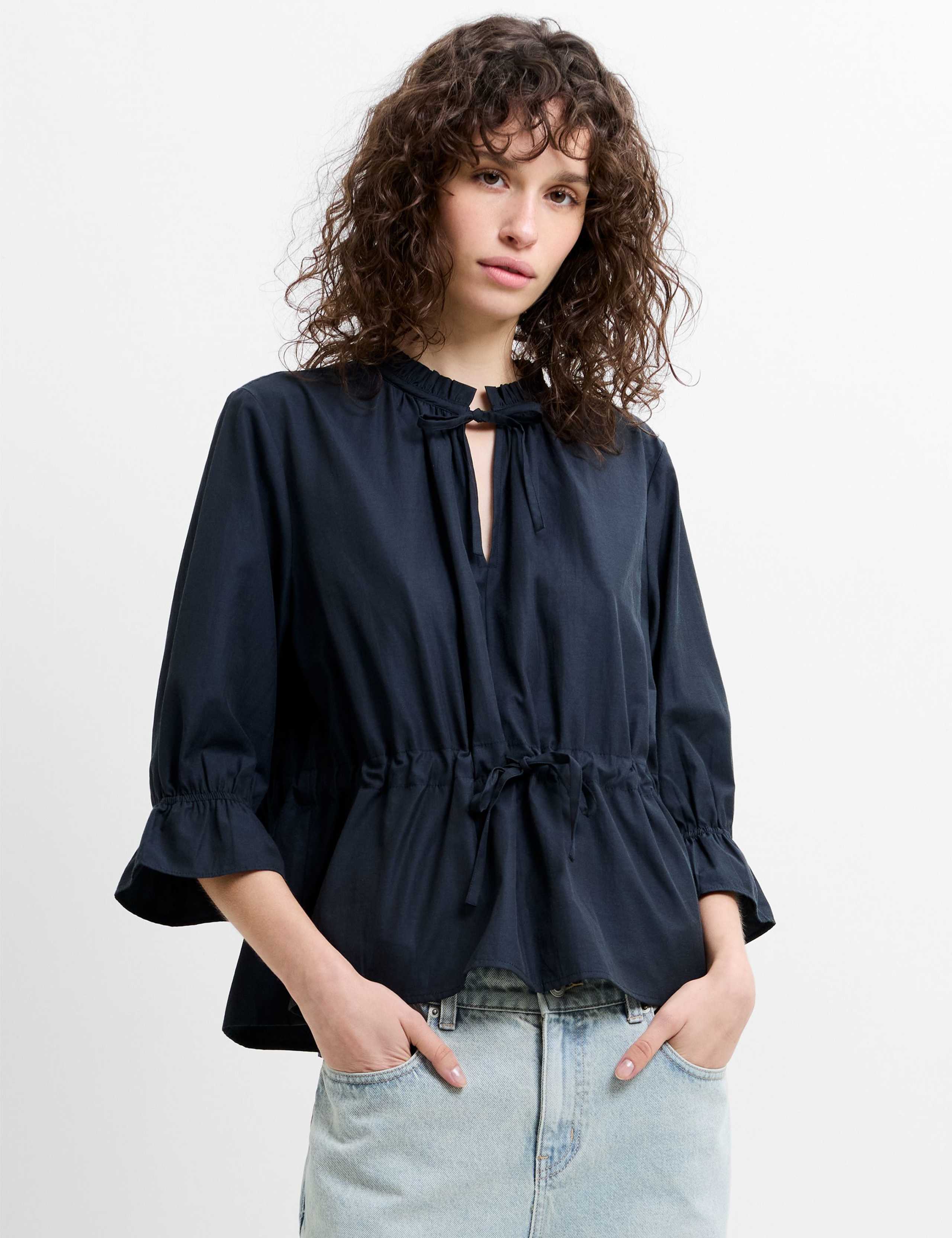 Poplin Ruffle Collar Tie Neck Waisted Top