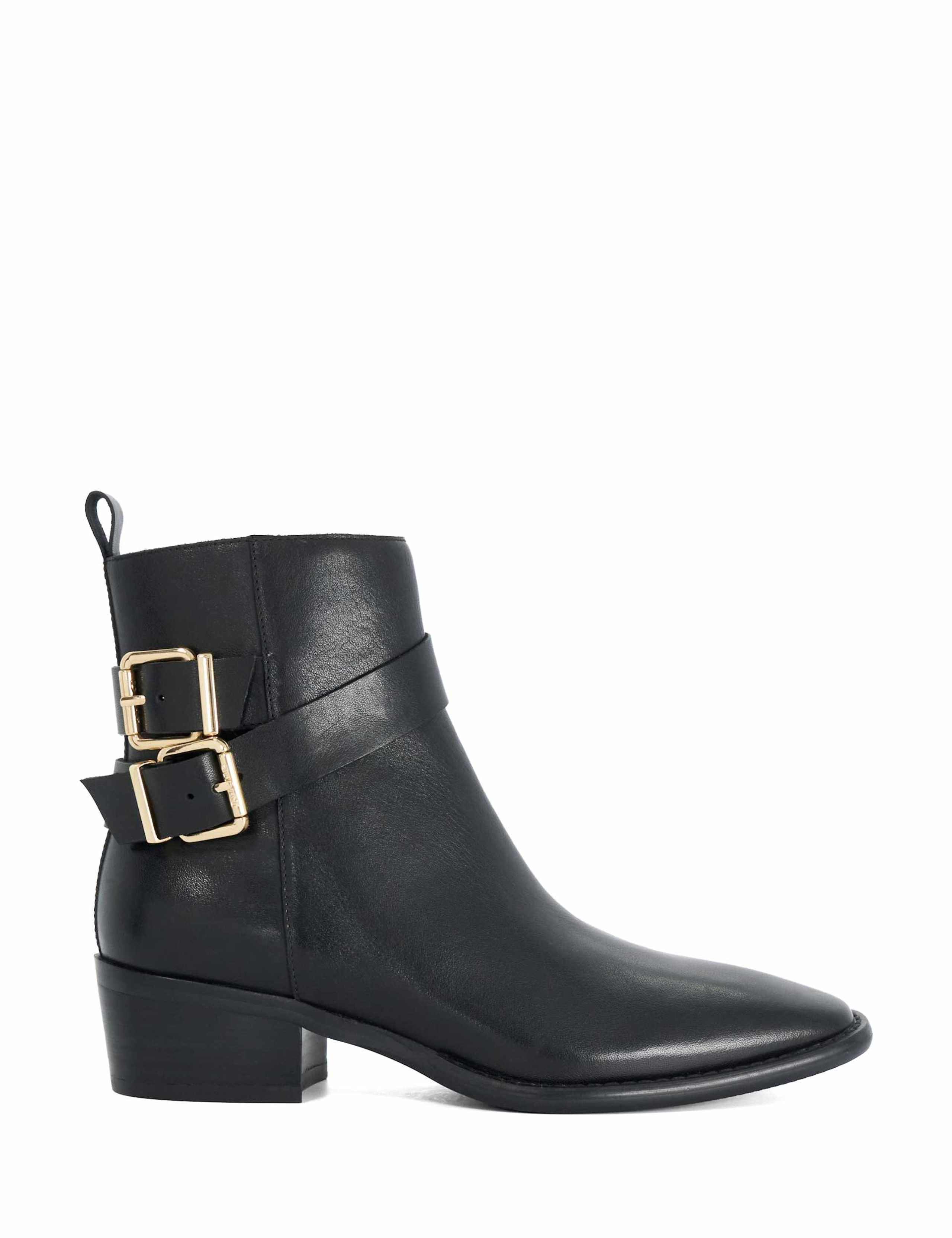 Leather Buckle Block Heel Ankle Boots