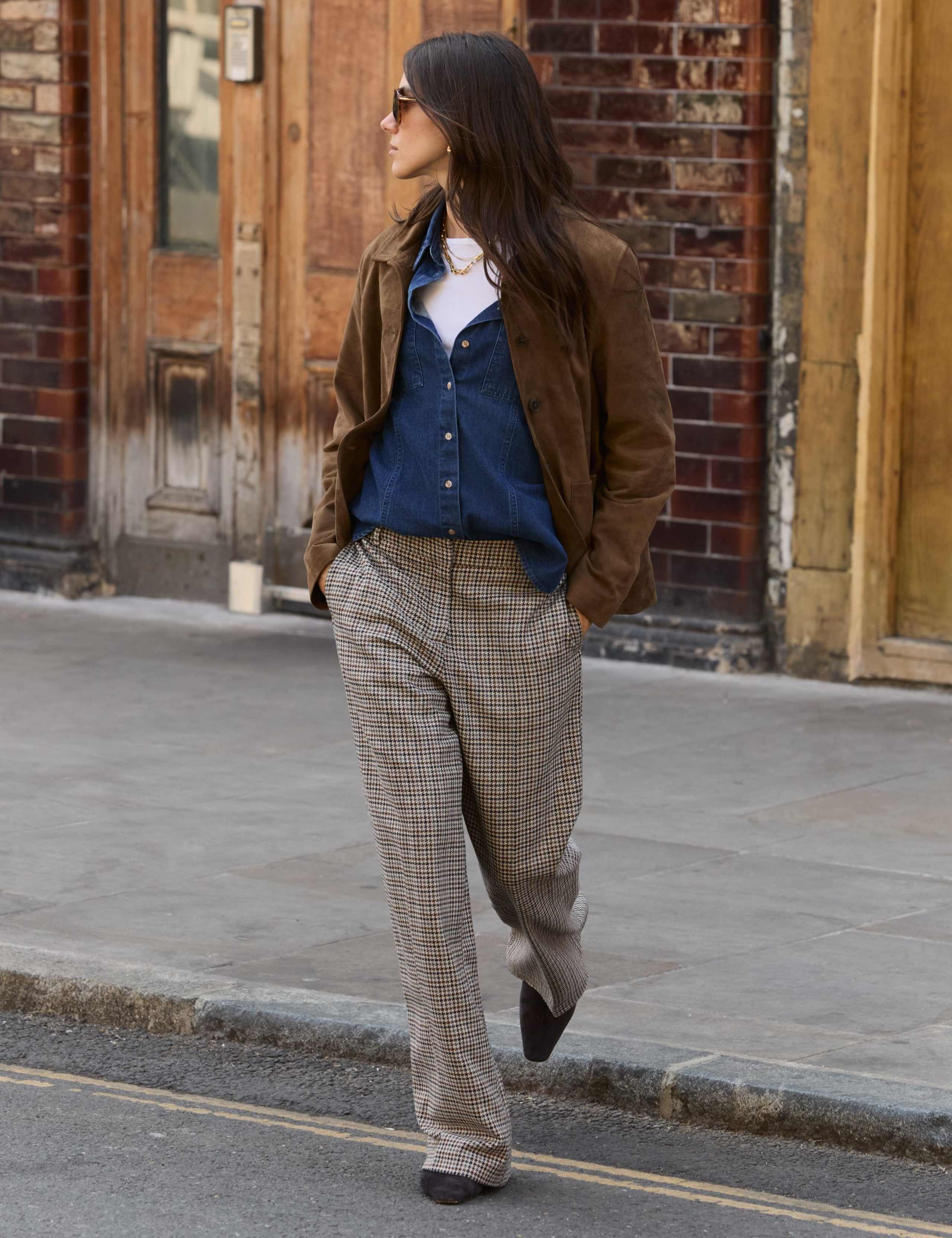 Wool Blend Checked Wide Leg Trousers