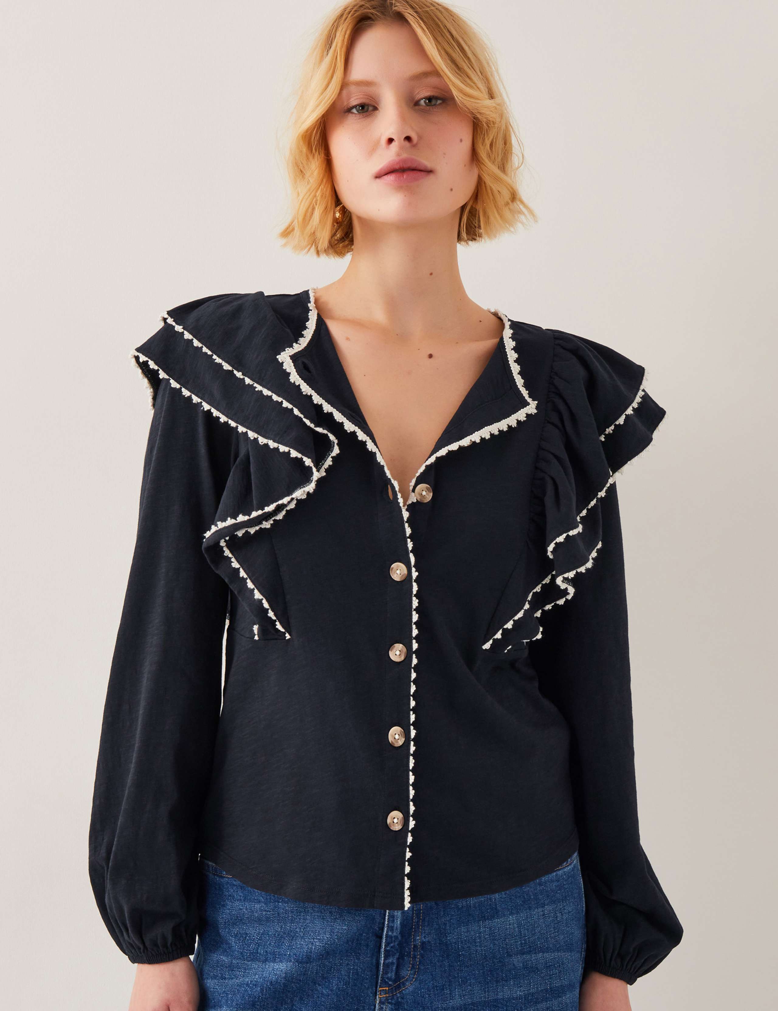 Pure Cotton Frill Detail Button Through Blouse