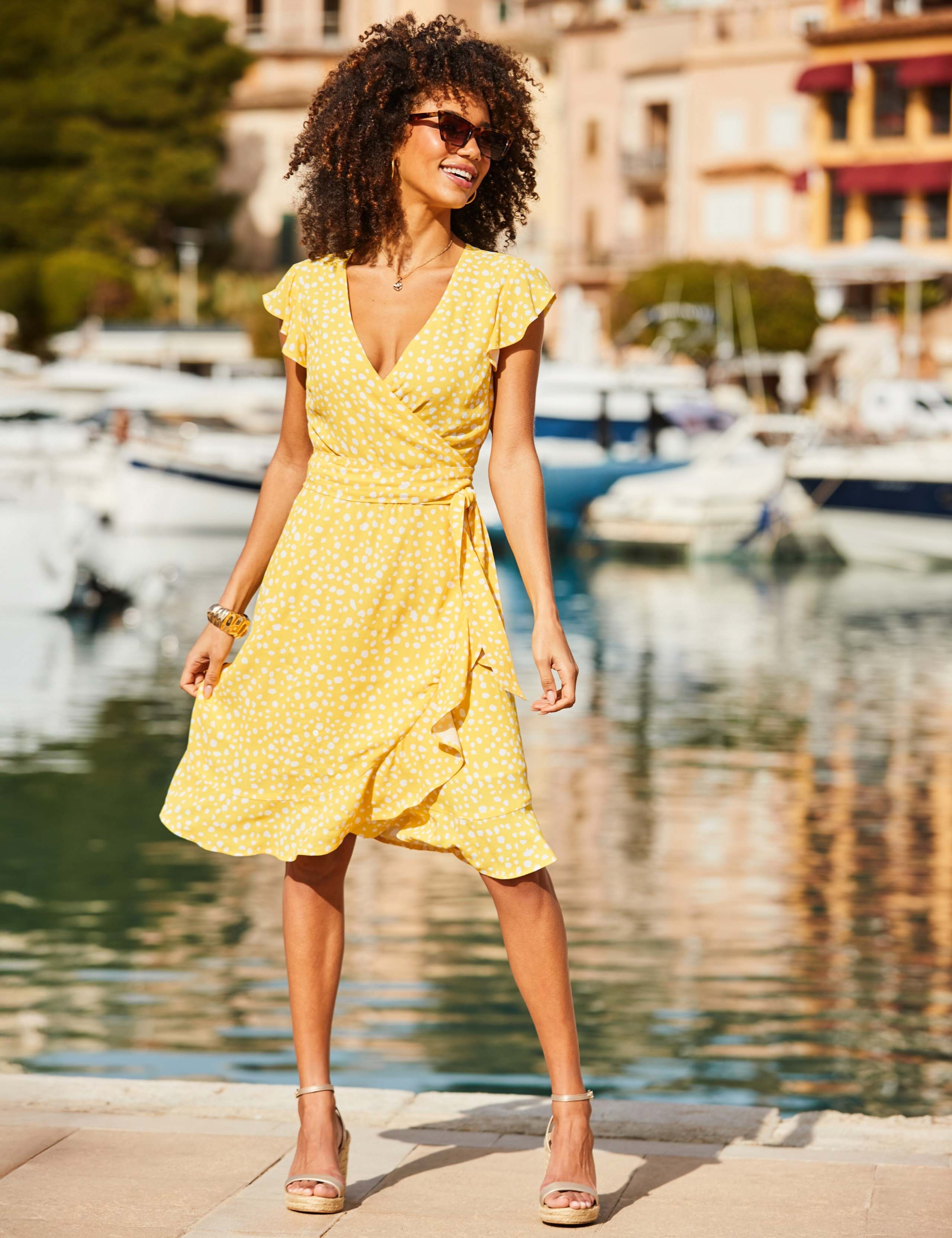 Fleck Print Tie Waist Knee Length Wrap Dress