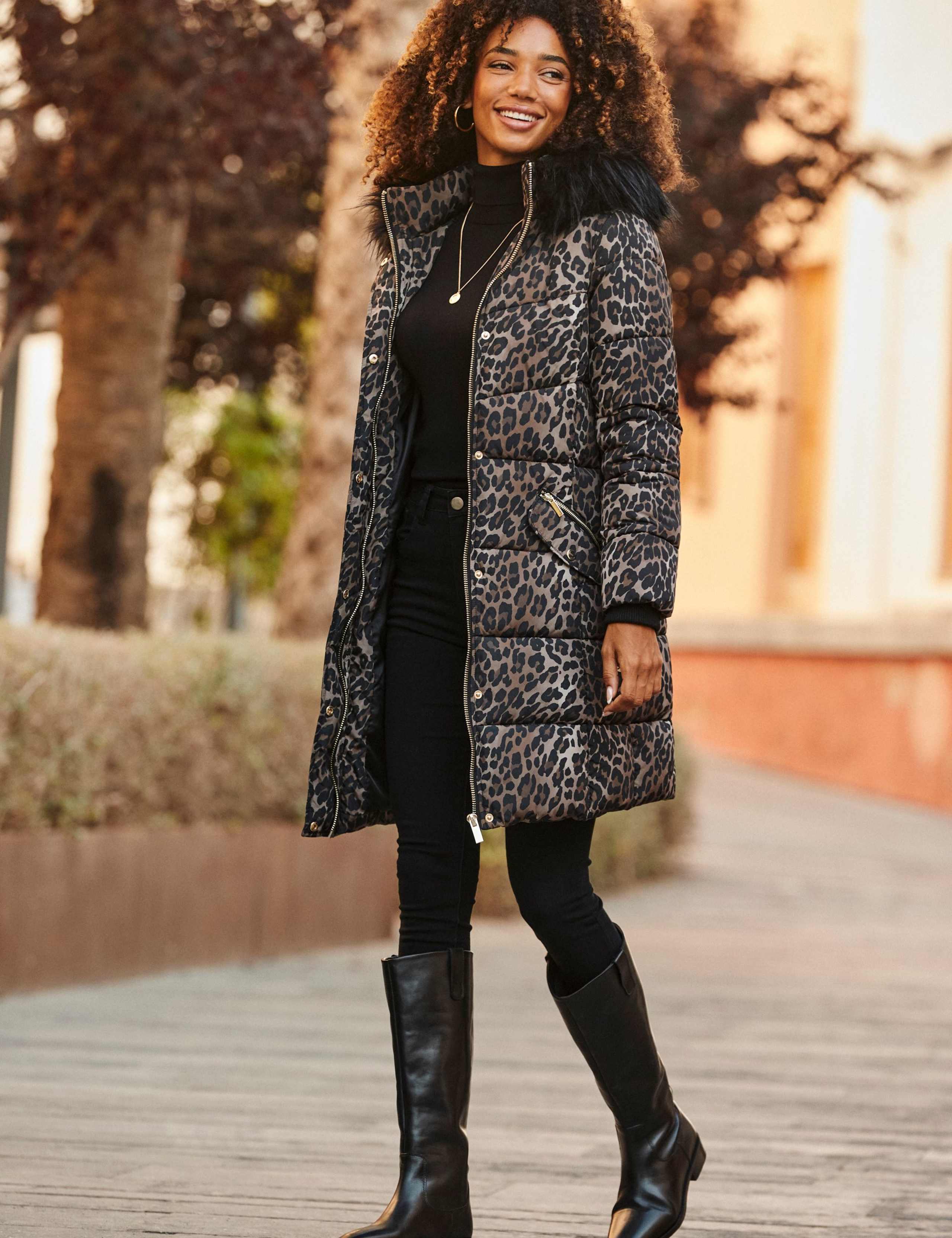 Faux Fur Trim Leopard Print Puffer Coat