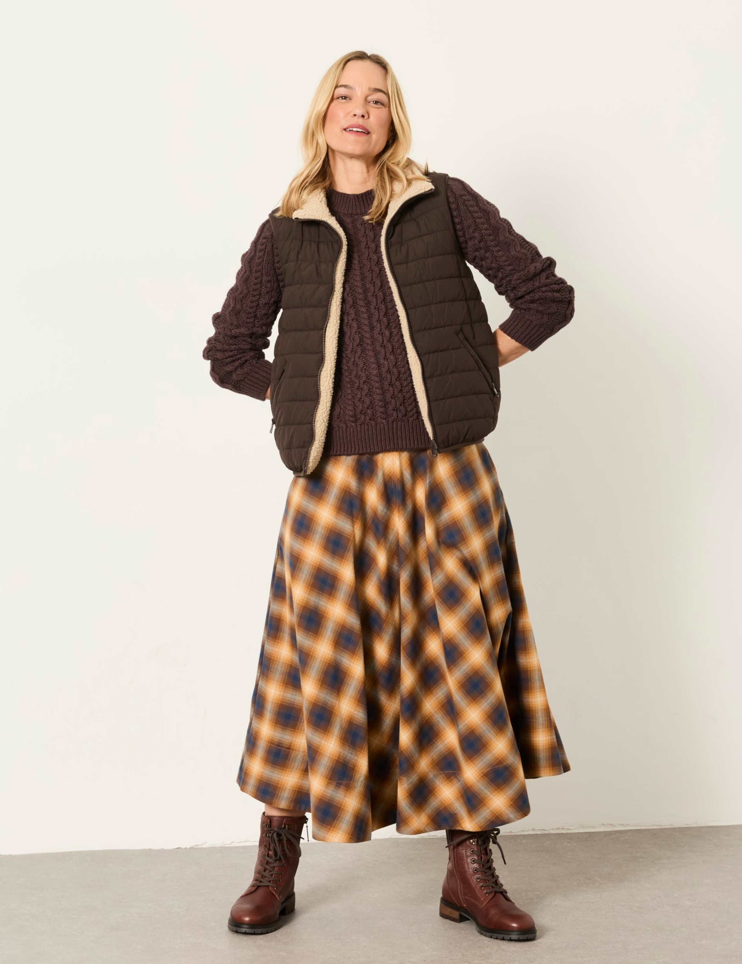 Pure Cotton Checked Midi A-Line Skirt