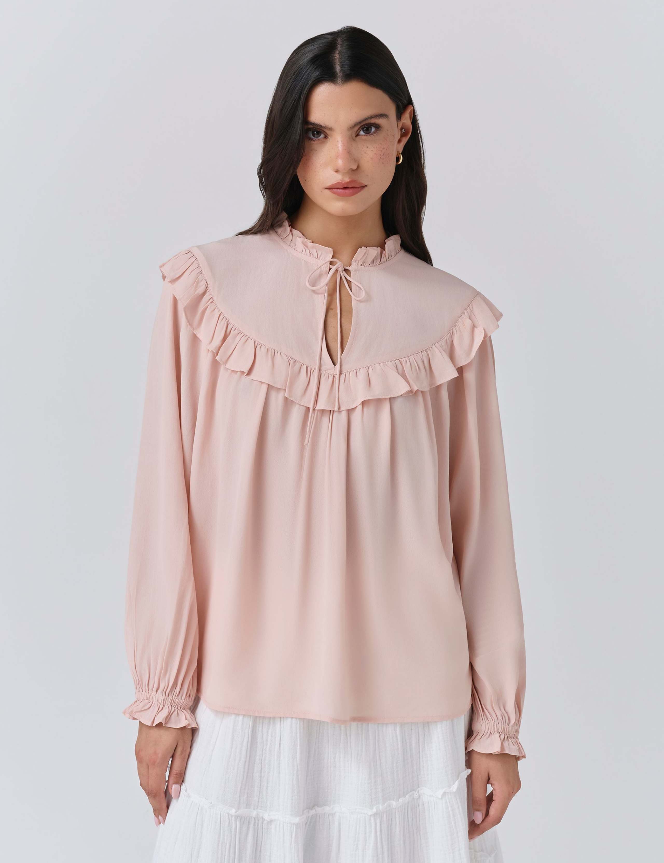 Crepe Tie Neck Ruffle Blouson Sleeve Blouse