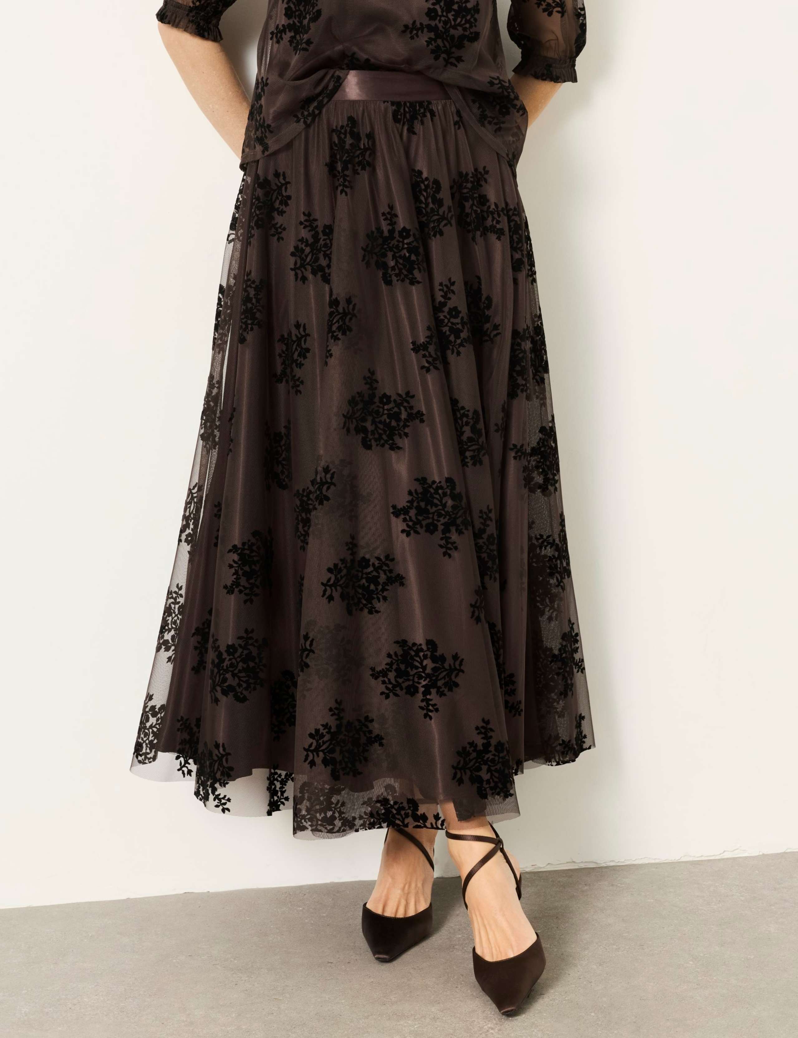 Floral Tulle Pleated Midi Skirt