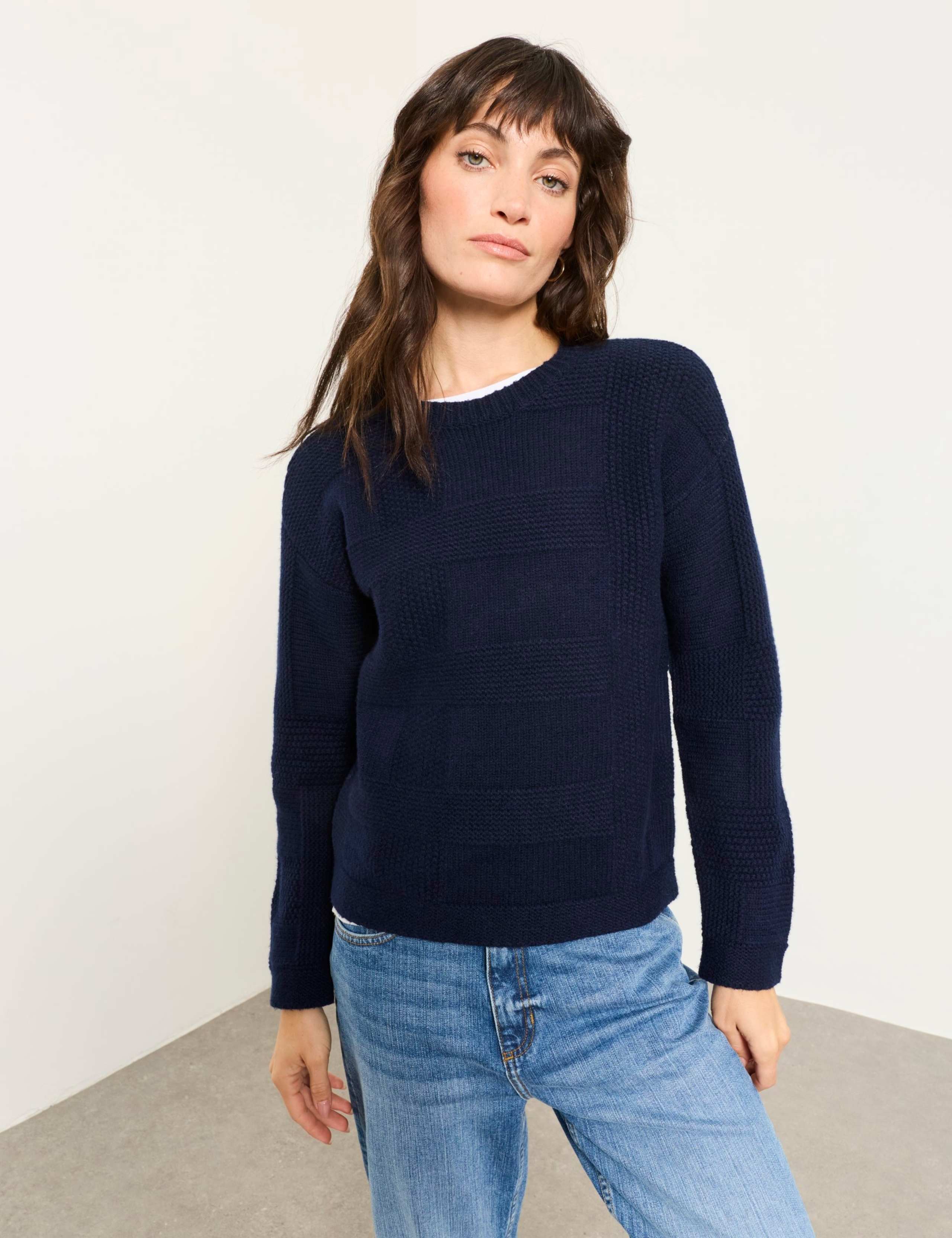 Cotton Blend Checked Crew Neck Jumper