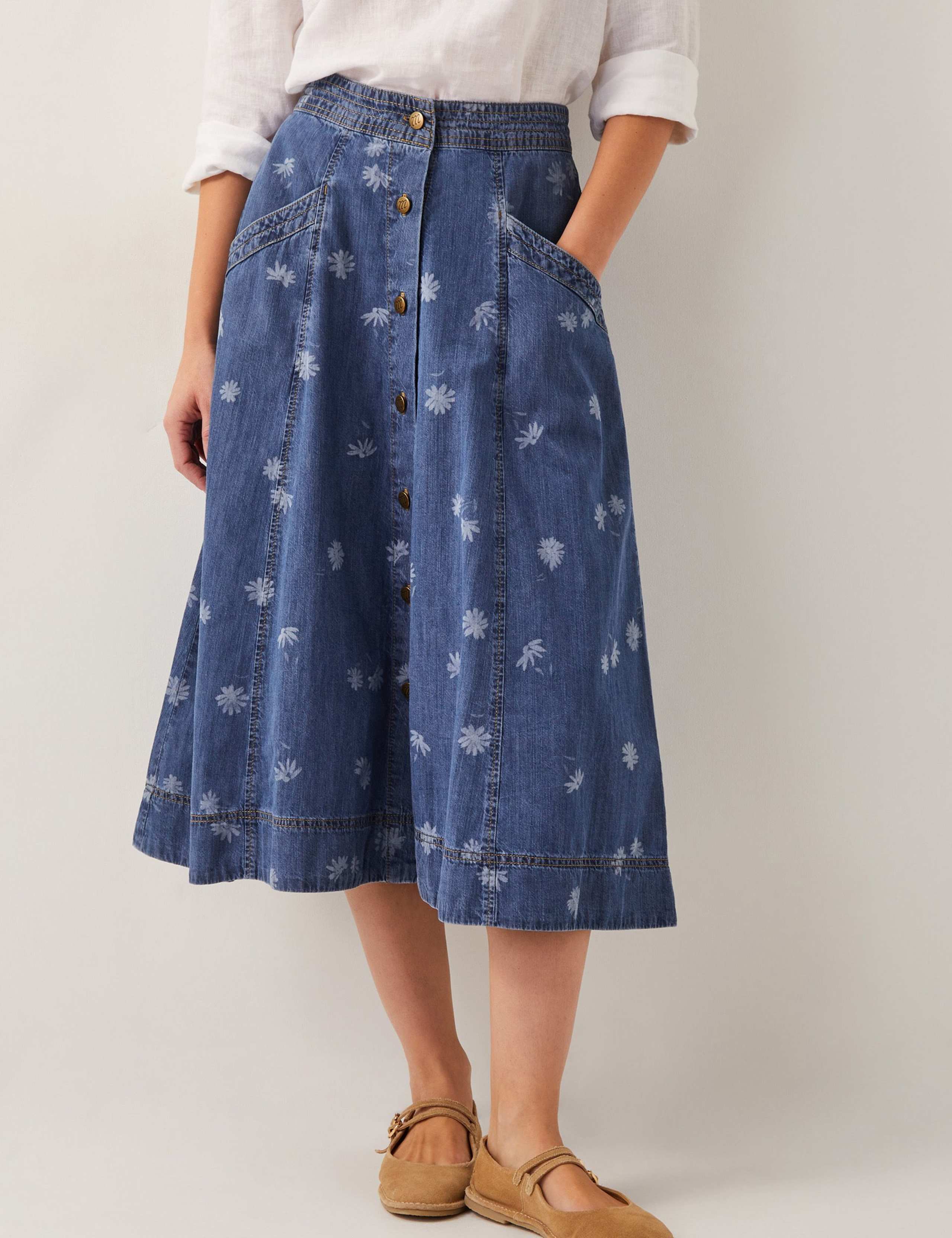 Denim Printed Midi Skirt