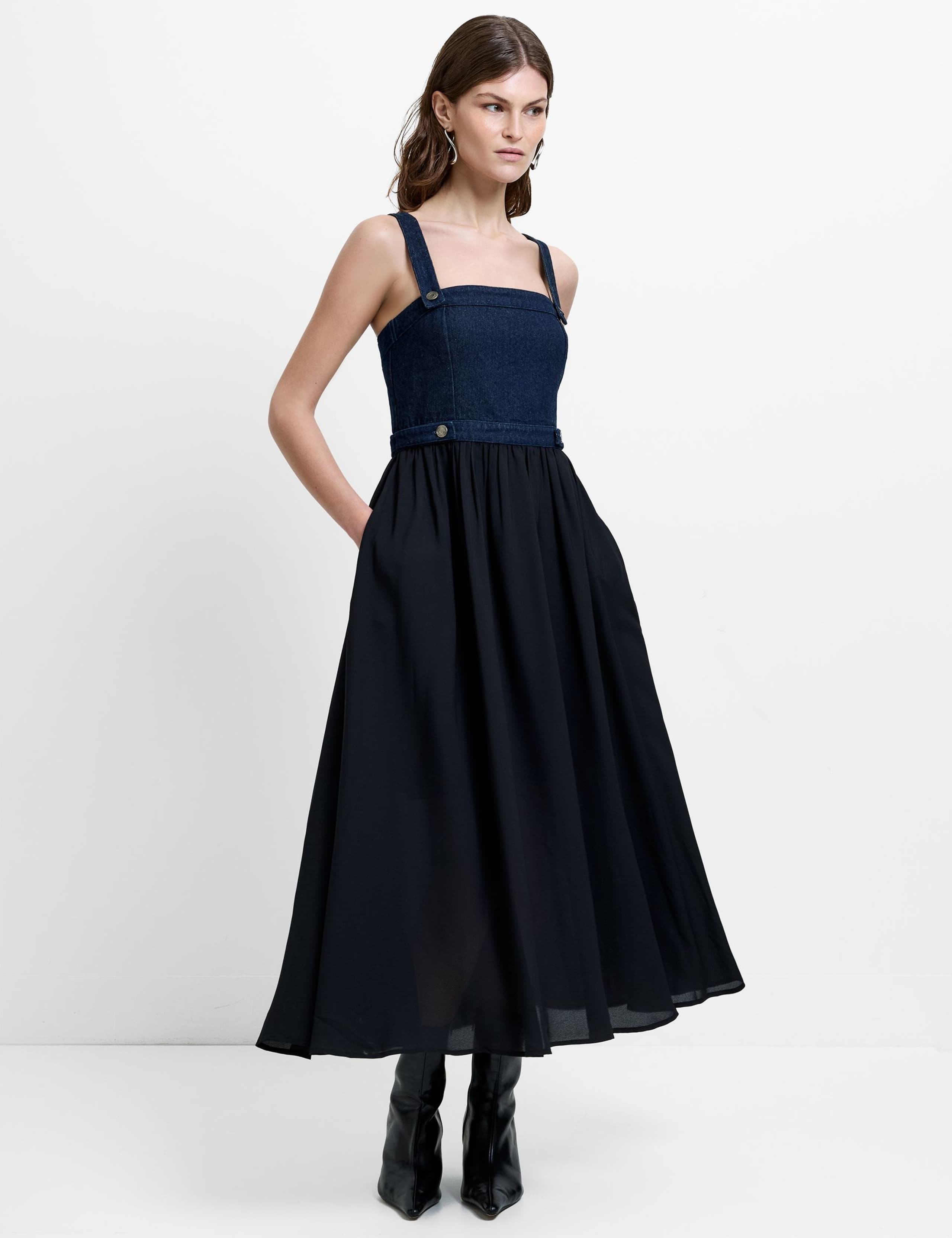 Denim Square Neck Strappy Midi Skater Dress