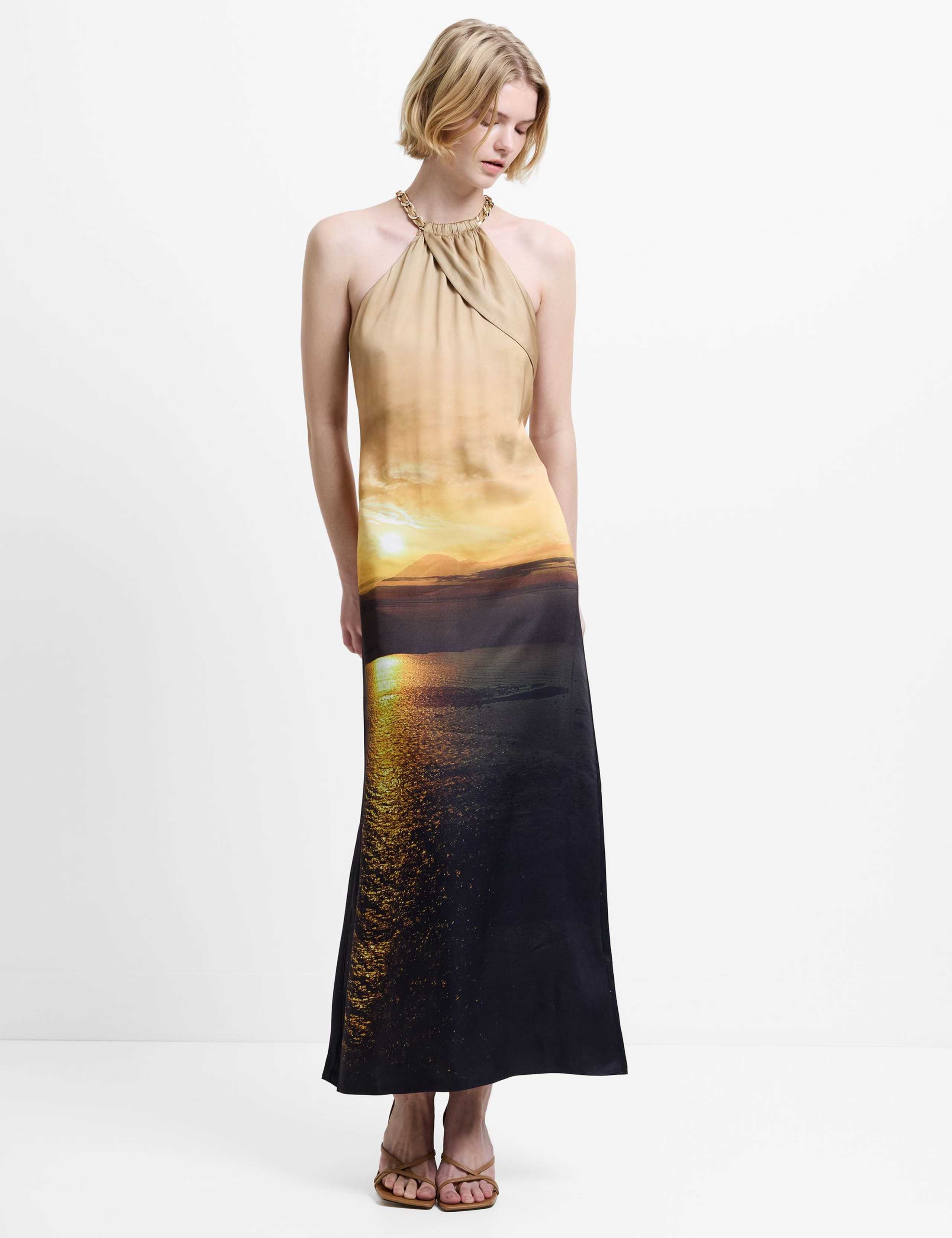 Satin Printed Halter Neck Midaxi Column Dress