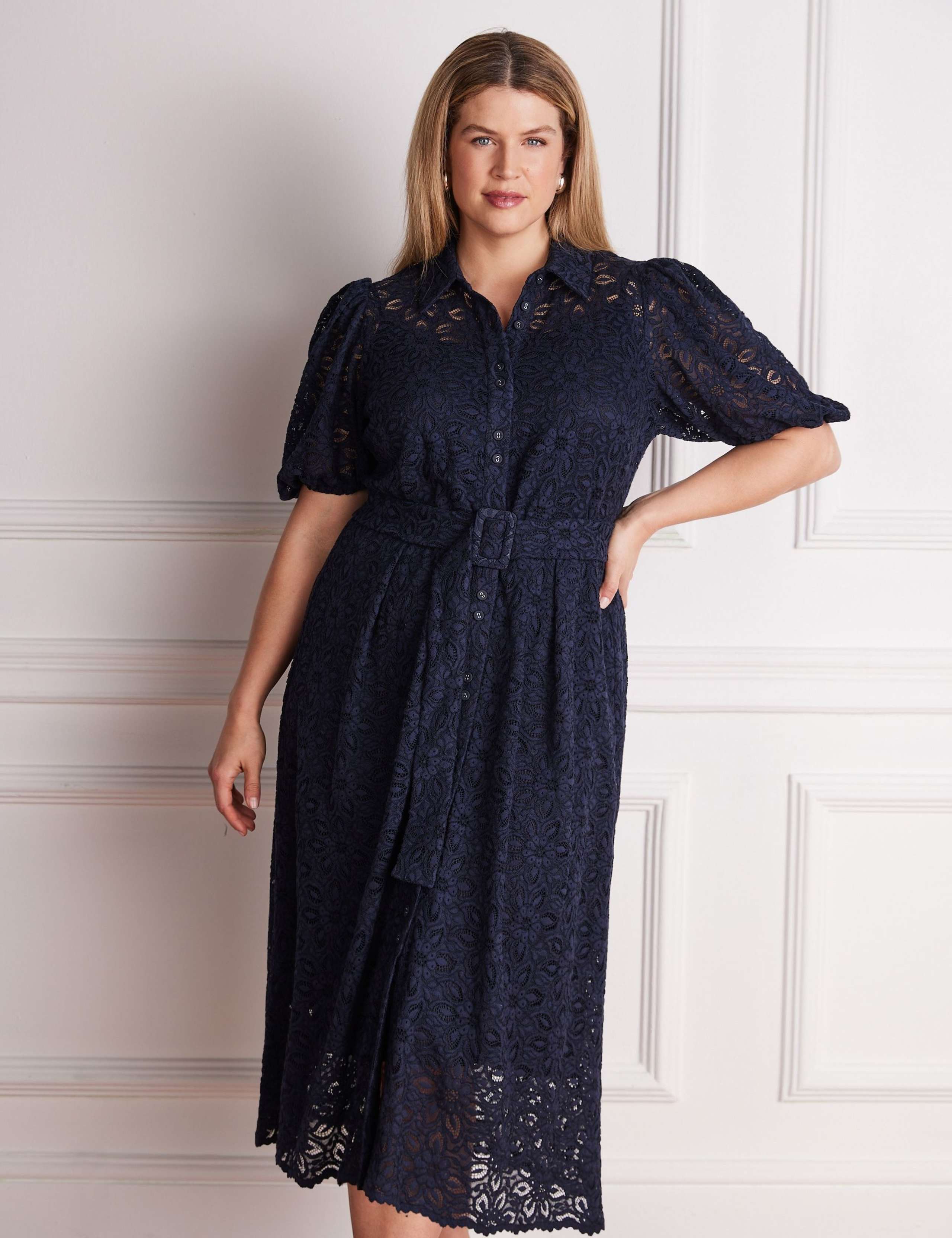Lace Belted Puff Sleeve Midi Shirt Dress