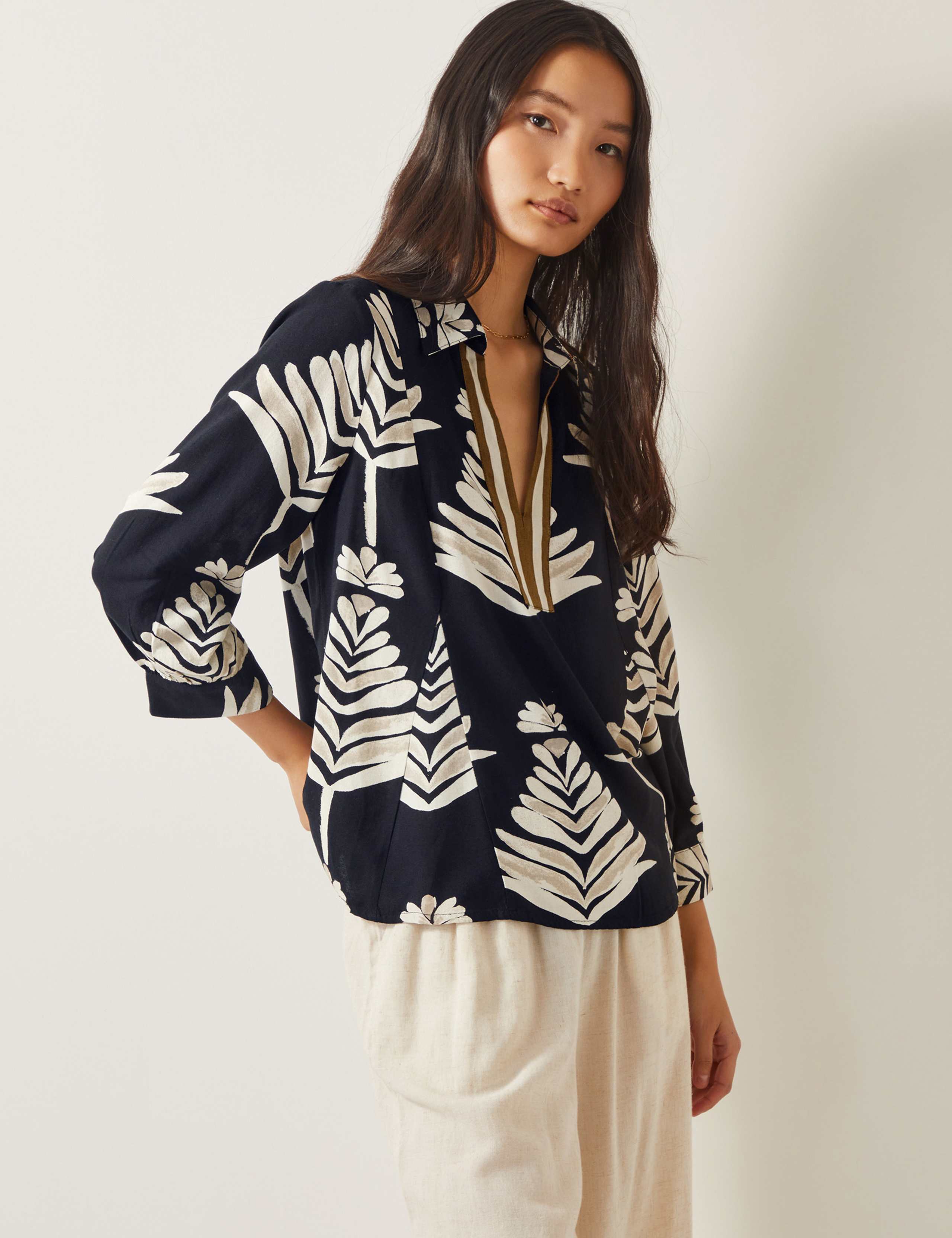 Leaf Print Top With Linen