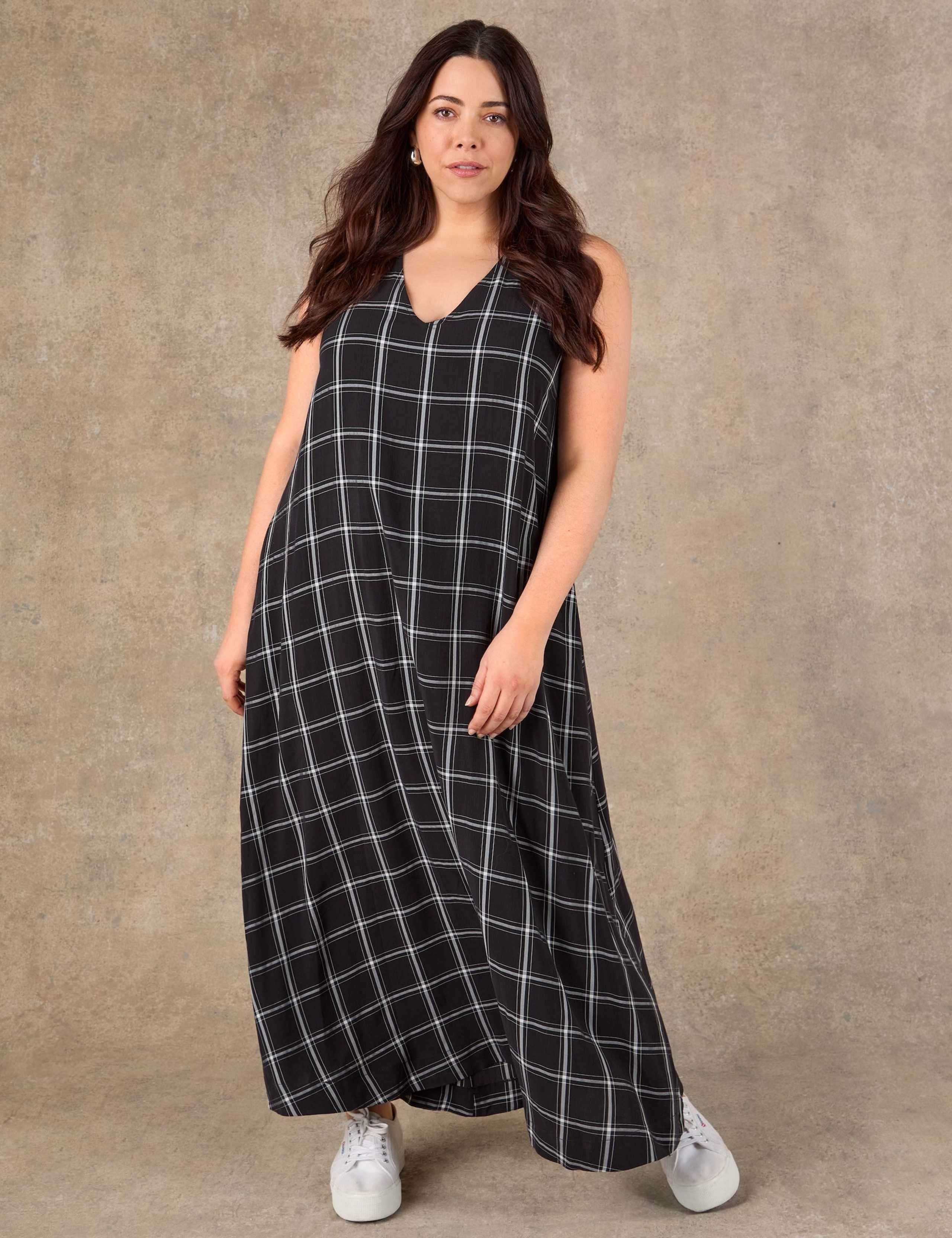 Checked V-Neck Maxi Smock Dress