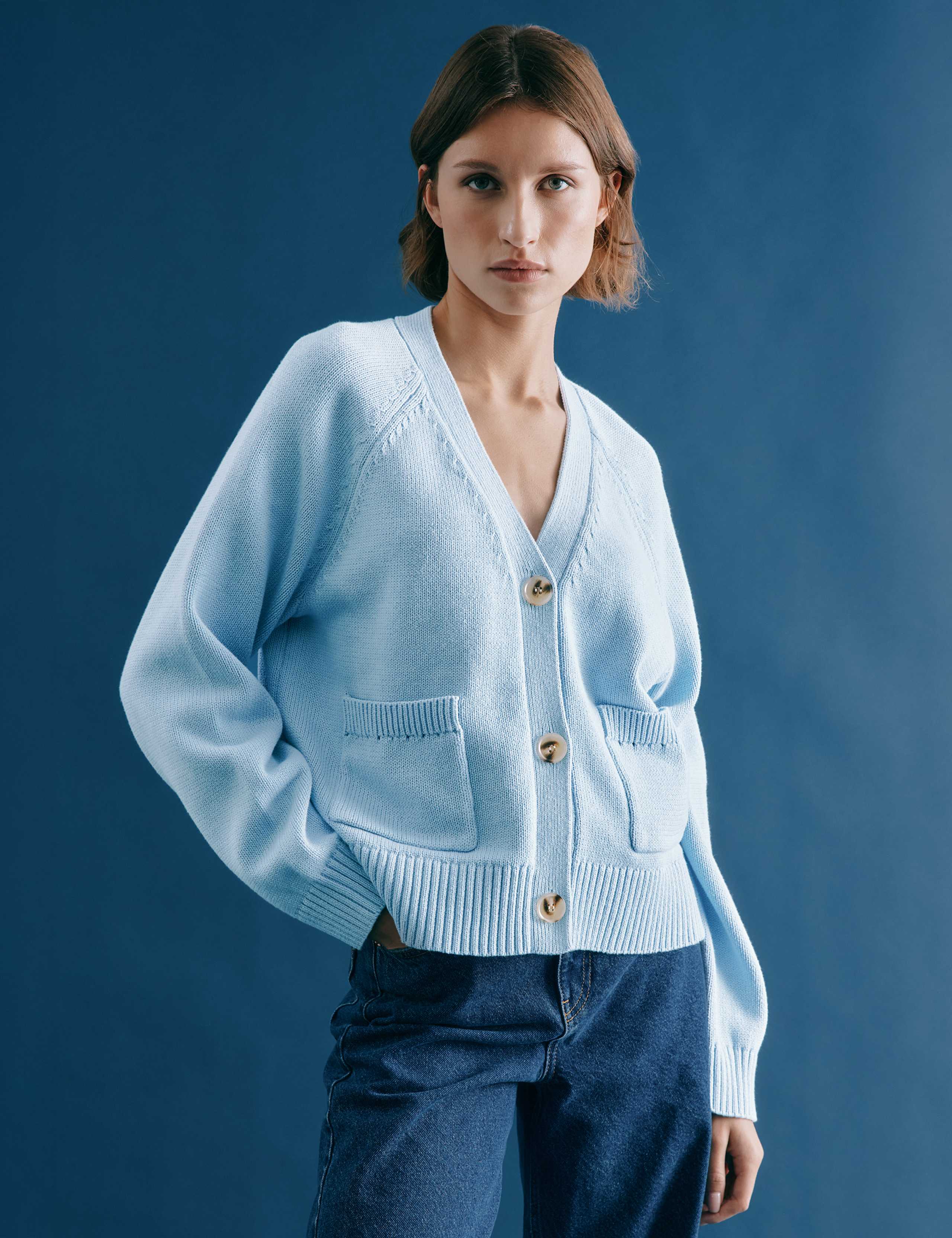 Pure Cotton Pointelle V-Neck Relaxed Cardigan