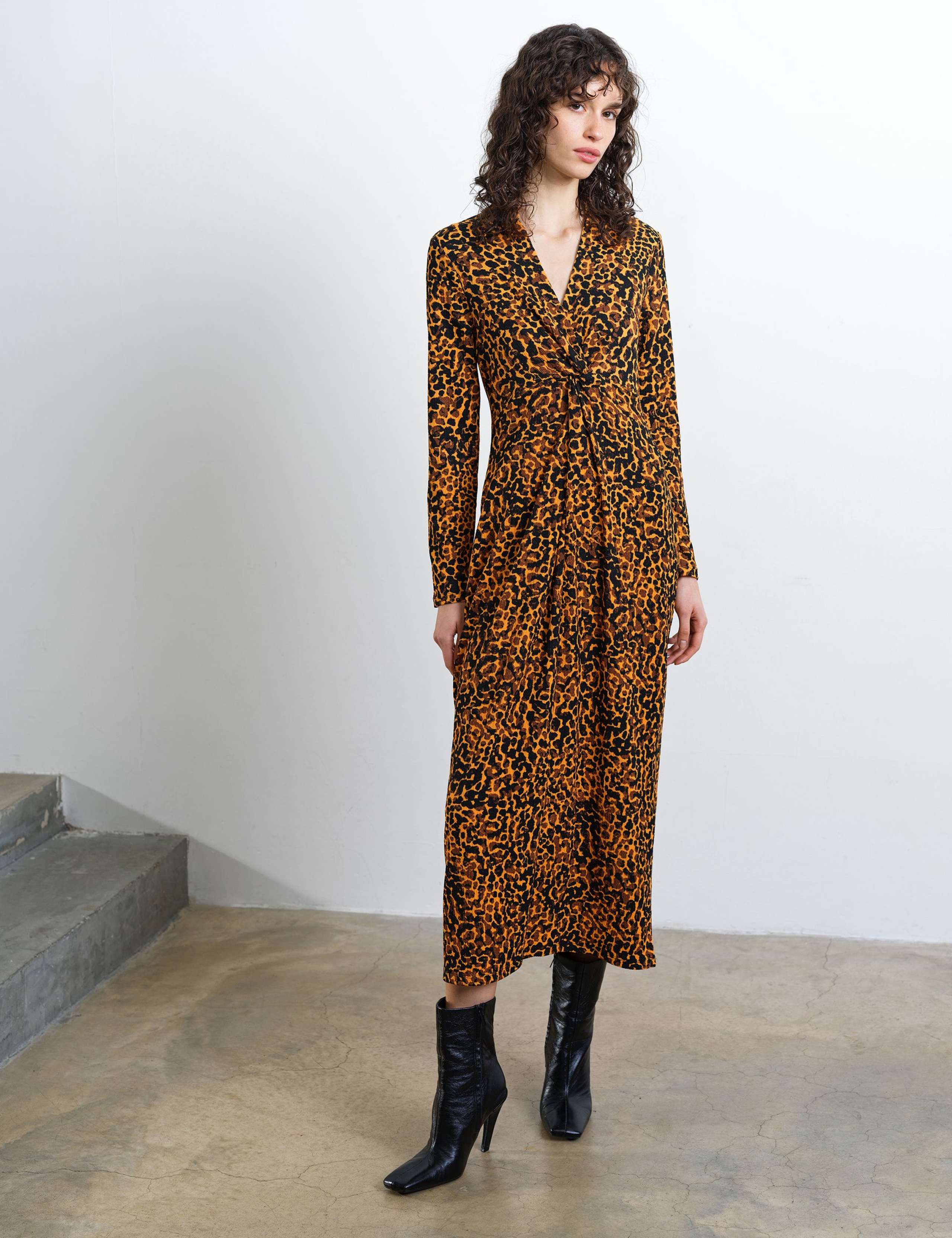 Animal Print Textured Collared Midi Column Dress