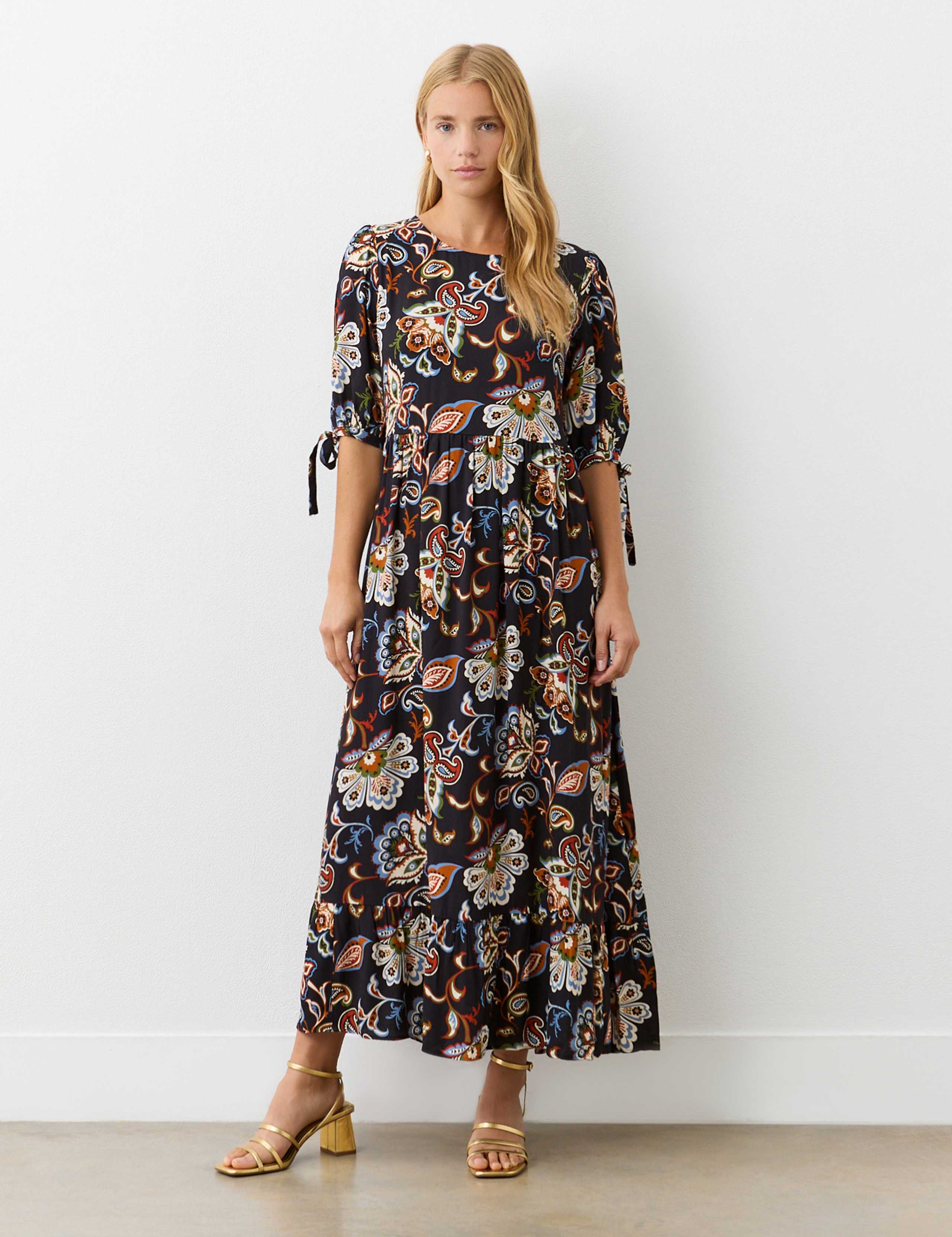 Crepe Floral Round Neck Midi Smock Dress
