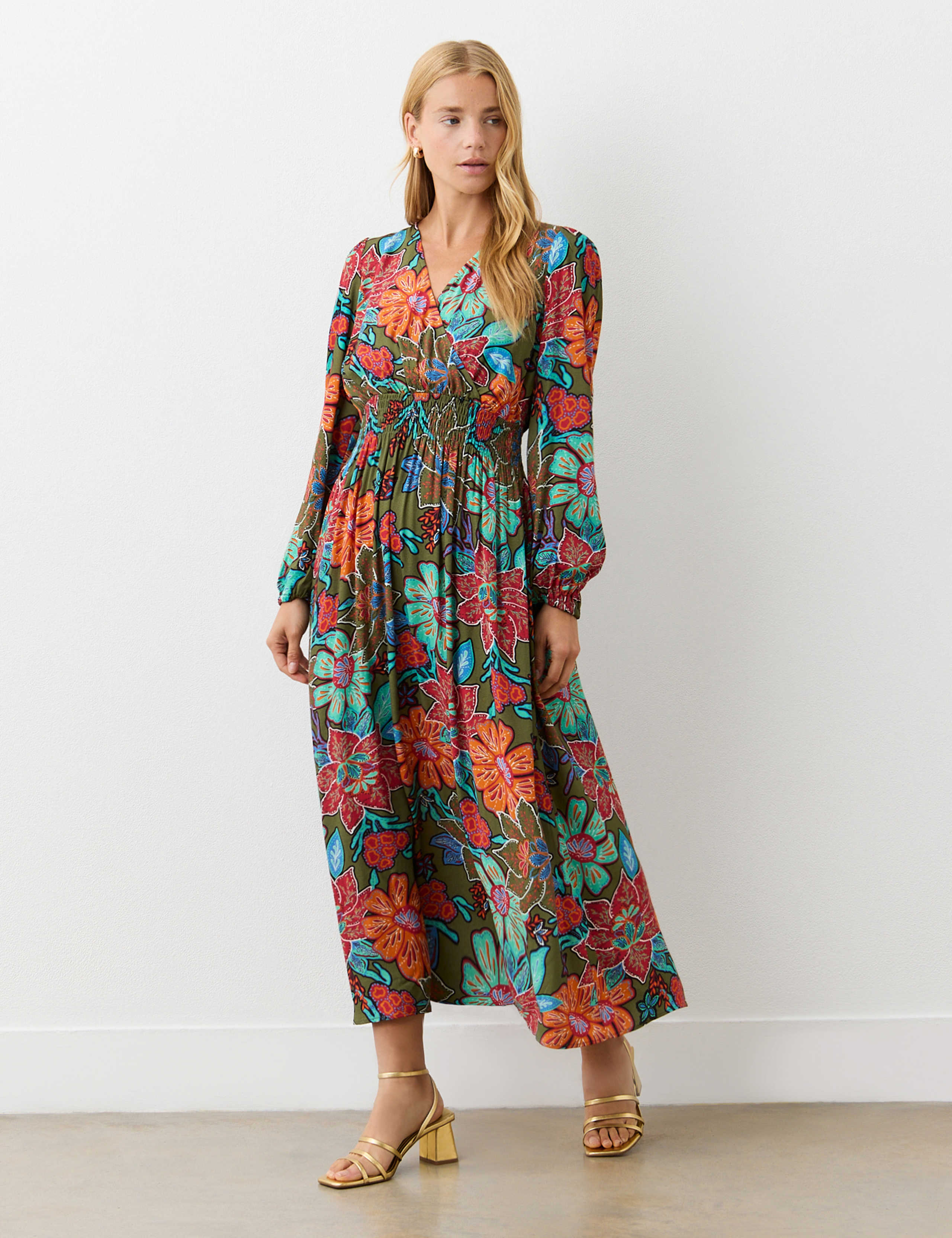 Crepe Floral V-Neck Midi Waisted Dress