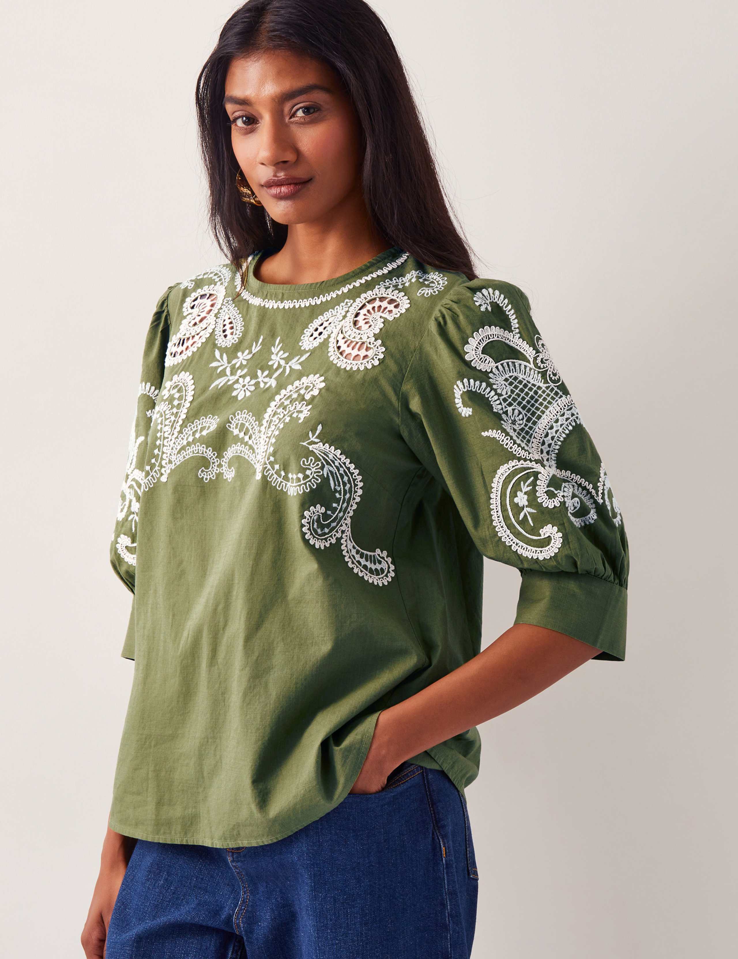 Pure Cotton Embellished Puff Sleeve Top