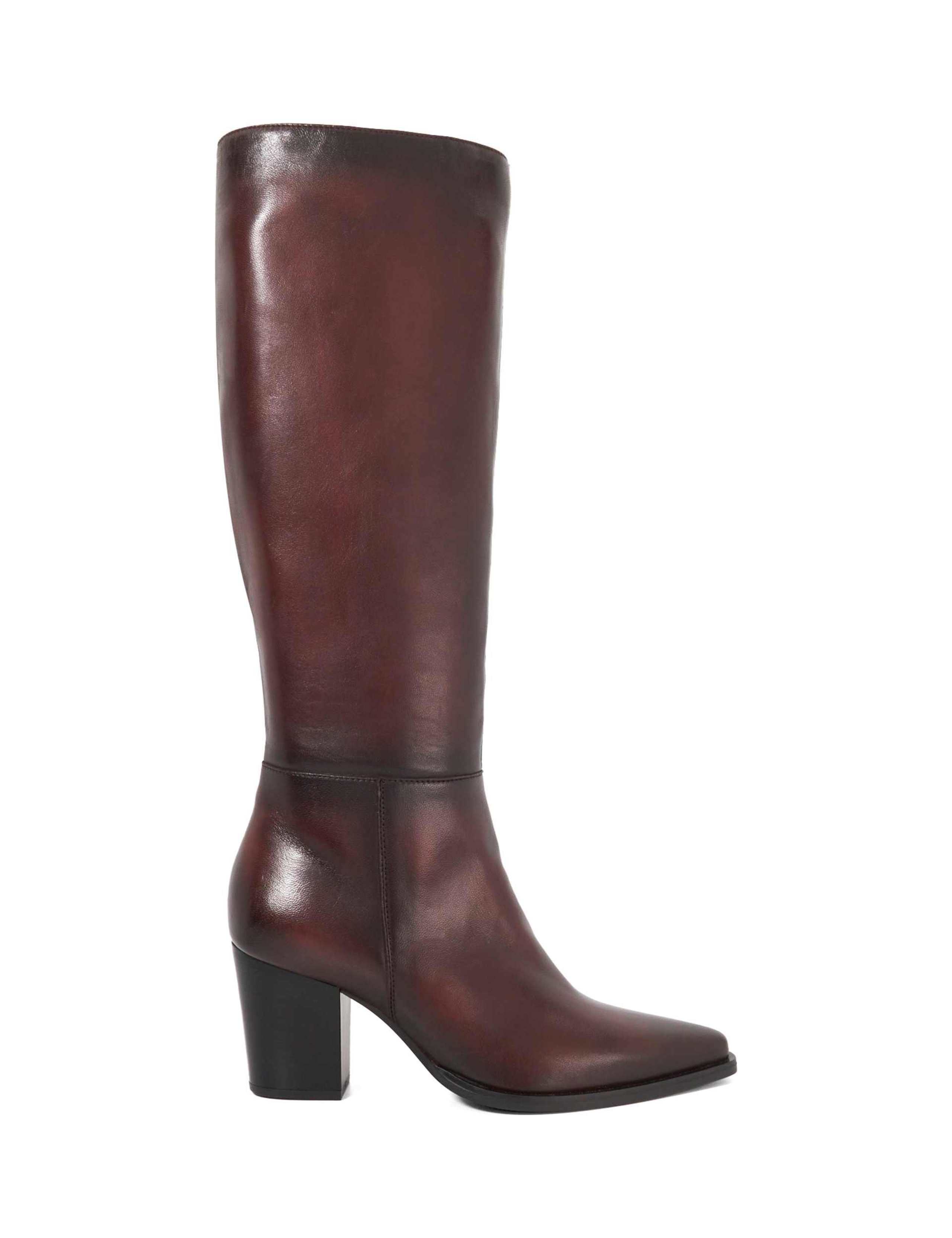 Leather Block Heel Knee High Boots
